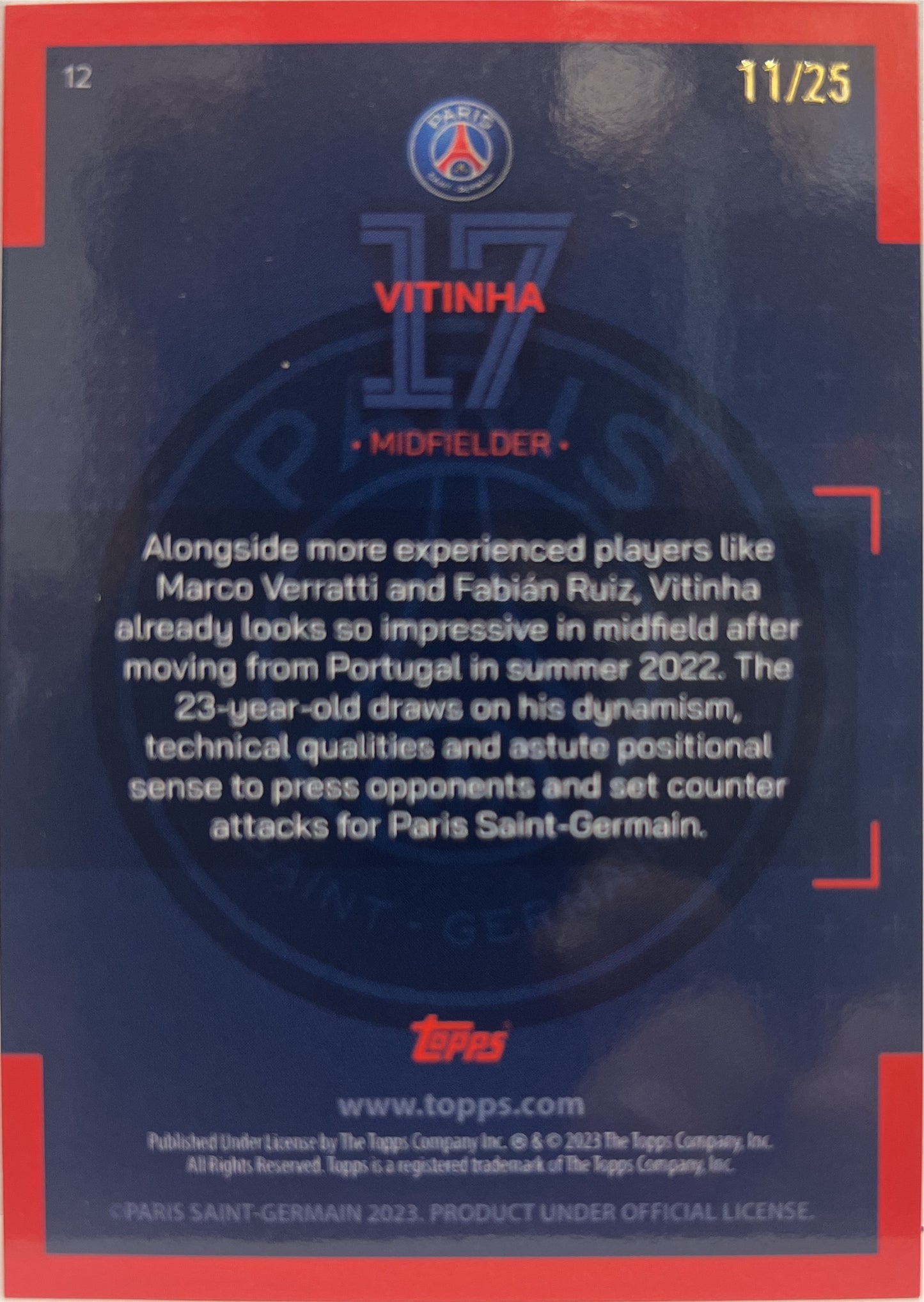 Vitinha 11/25 Orange Topps PSG Team Set 2022/23