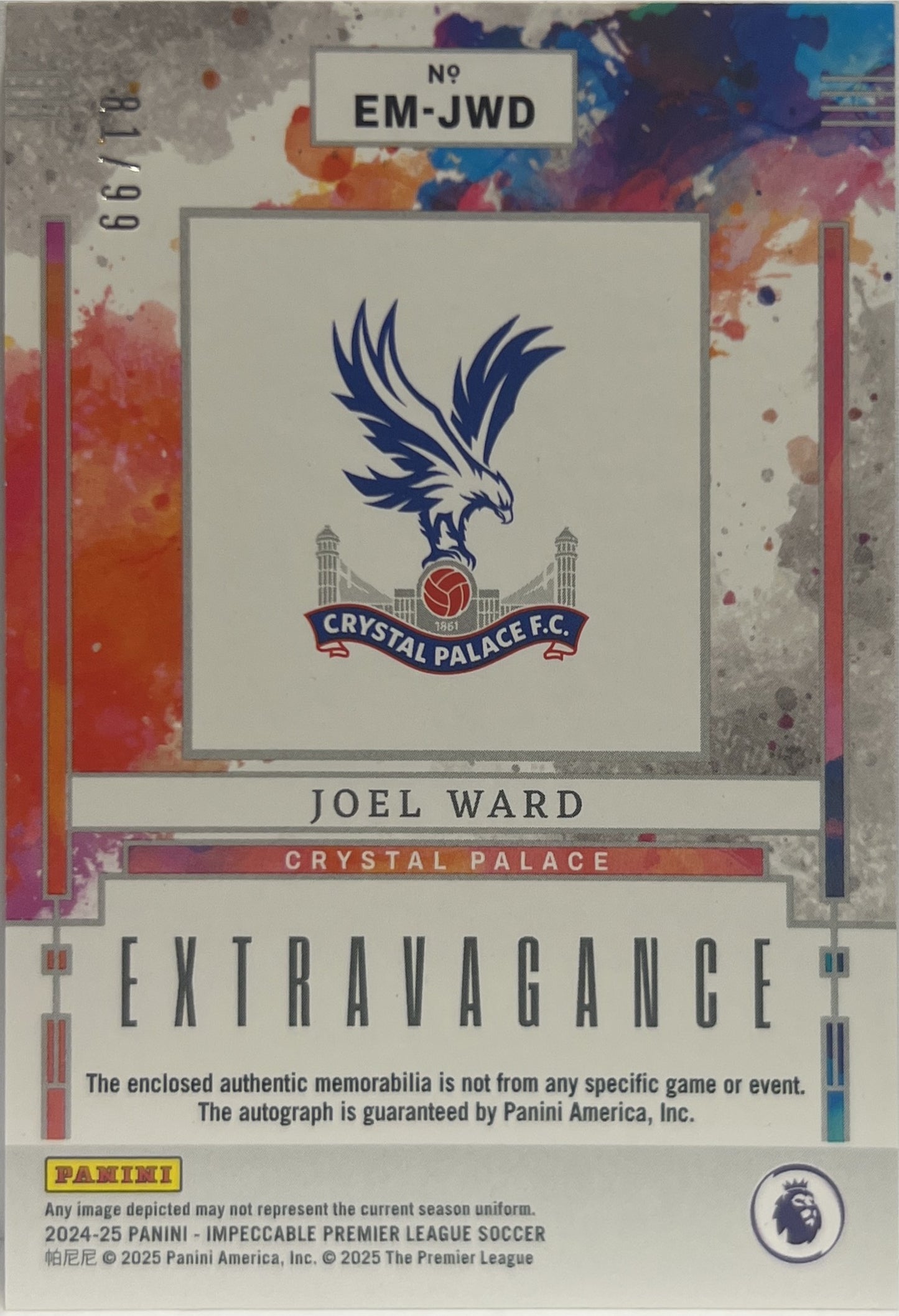 Joel Ward 81/99 Patch Autograph Extravagance Impeccable Premier League 2024/25