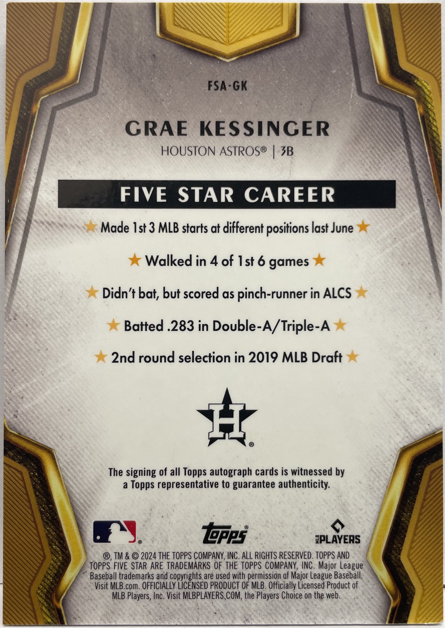 Grae Kessinger Rookie Autograph On Card Topps Five Star Baseball 2024