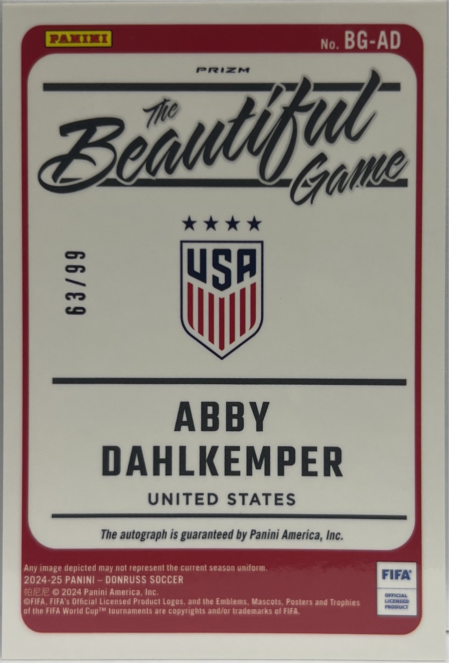 Abby Dahlkemper 63/99 Autograph The Beautiful Game Donruss Fifa 2024/25