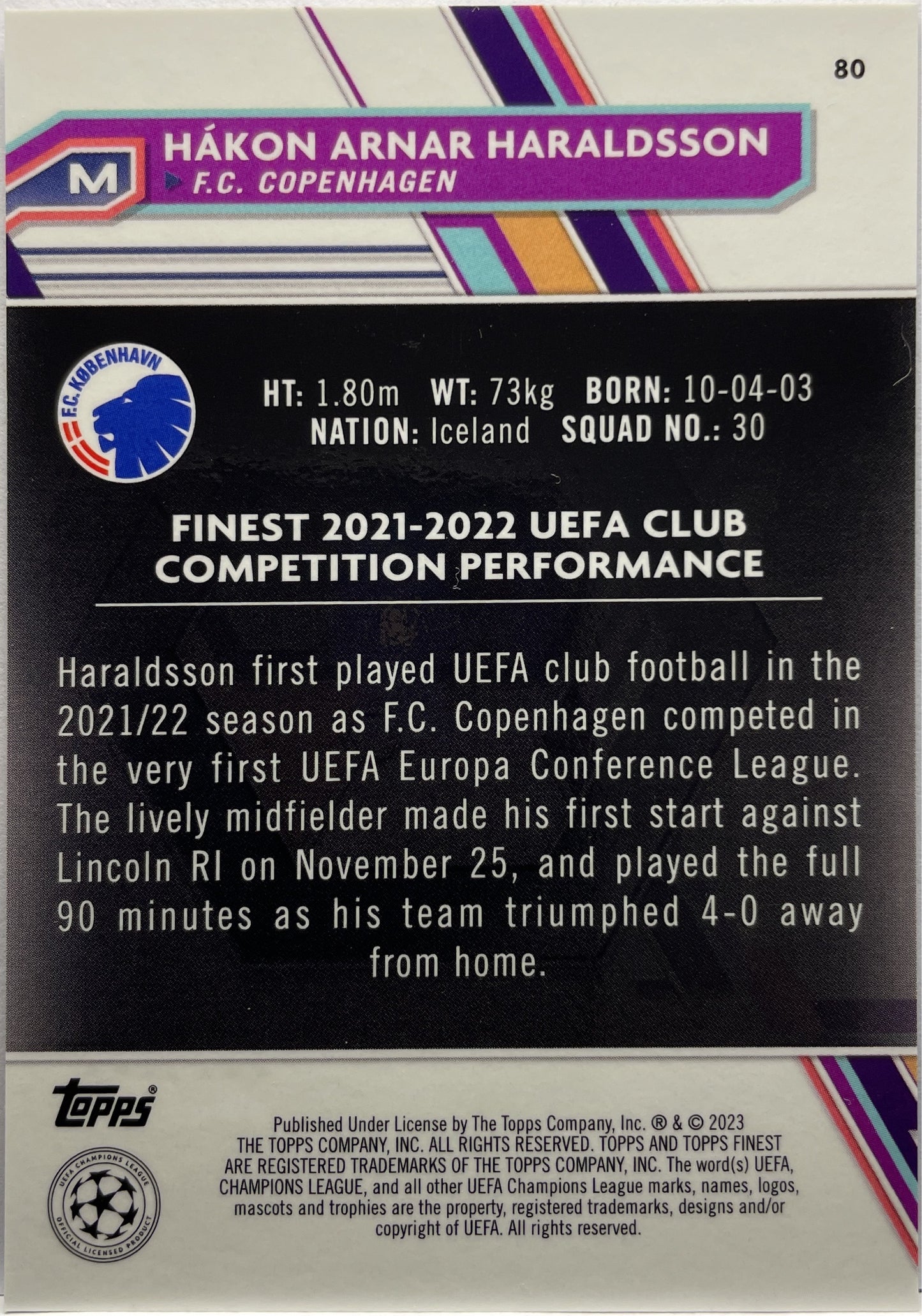 Hakon Arnar Haraldsson 93/250 Rookie Blue/Aqua Vaporwave Topps Finest UCC 2022/23