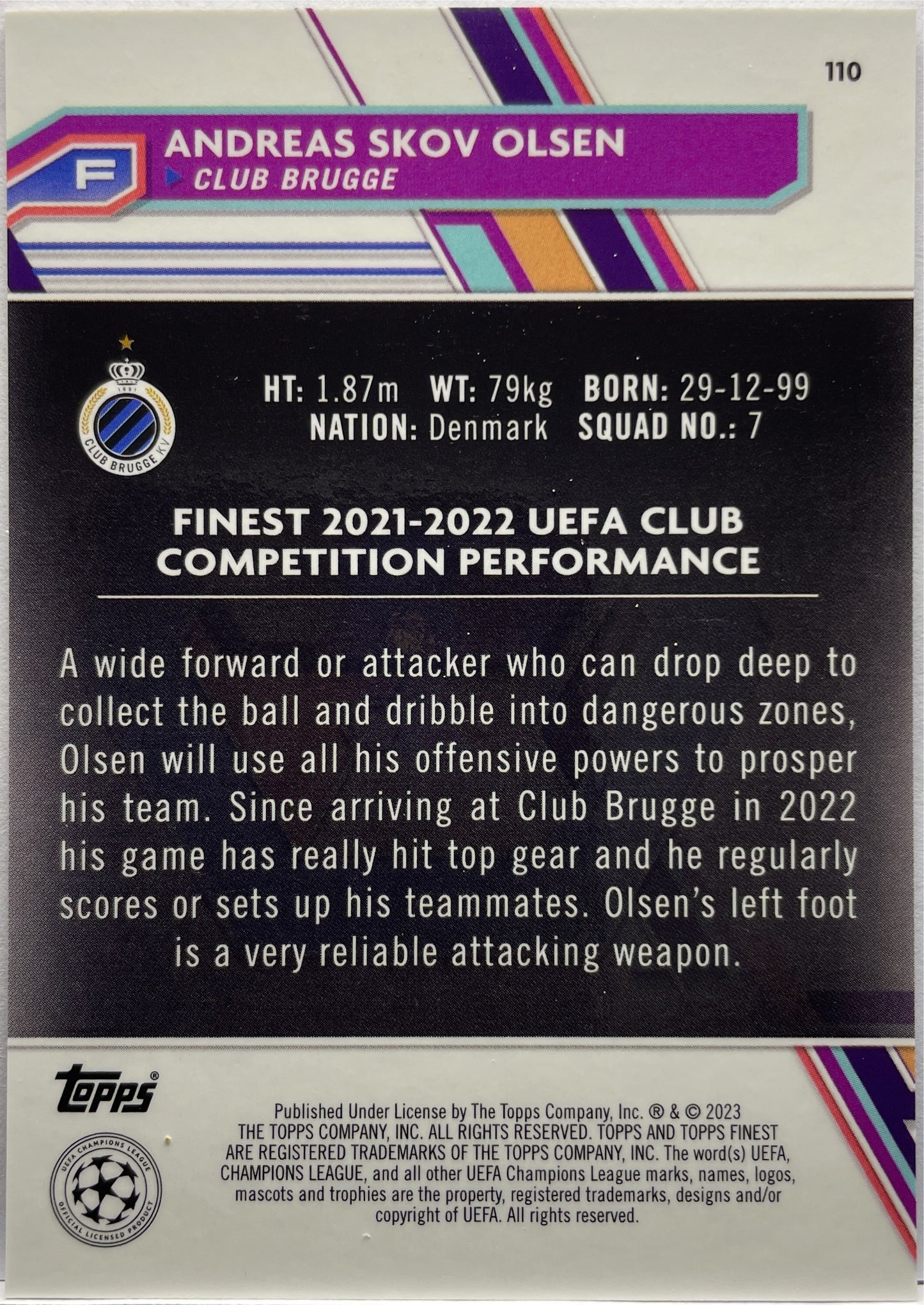 Andreas Skov Olsen 222/299 Purple Topps Finest UCC 2022/23