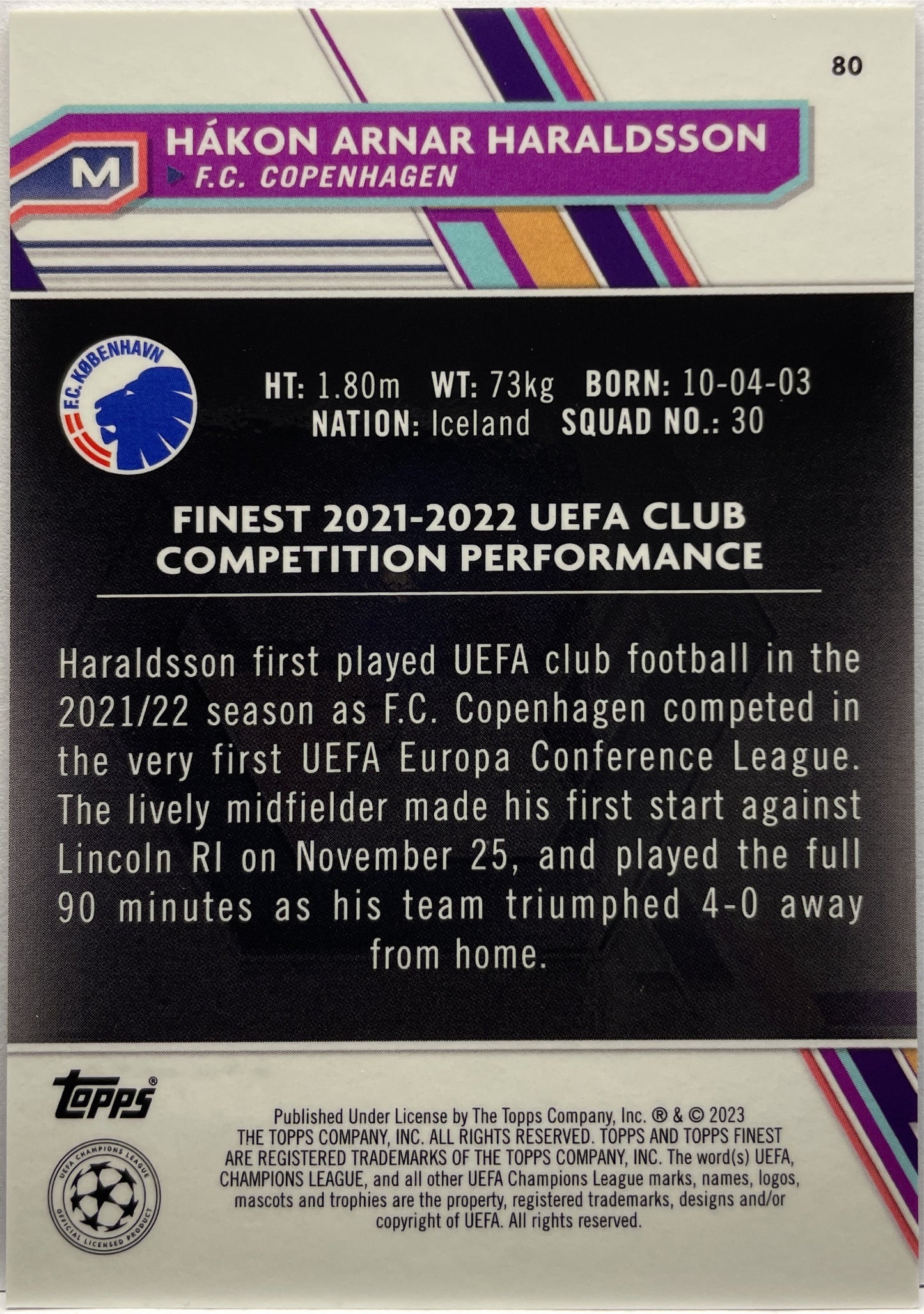 Hakon Arnar Haraldsson 71/250 Rookie Blue/Aqua Vaporwave Topps Finest UCC 2022/23