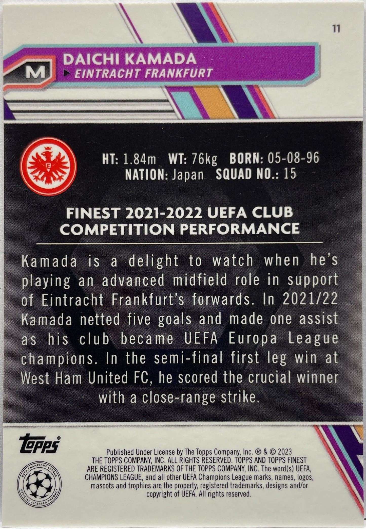 Daichi Kamada 94/299 Purple Topps Finest UCC 2022/23