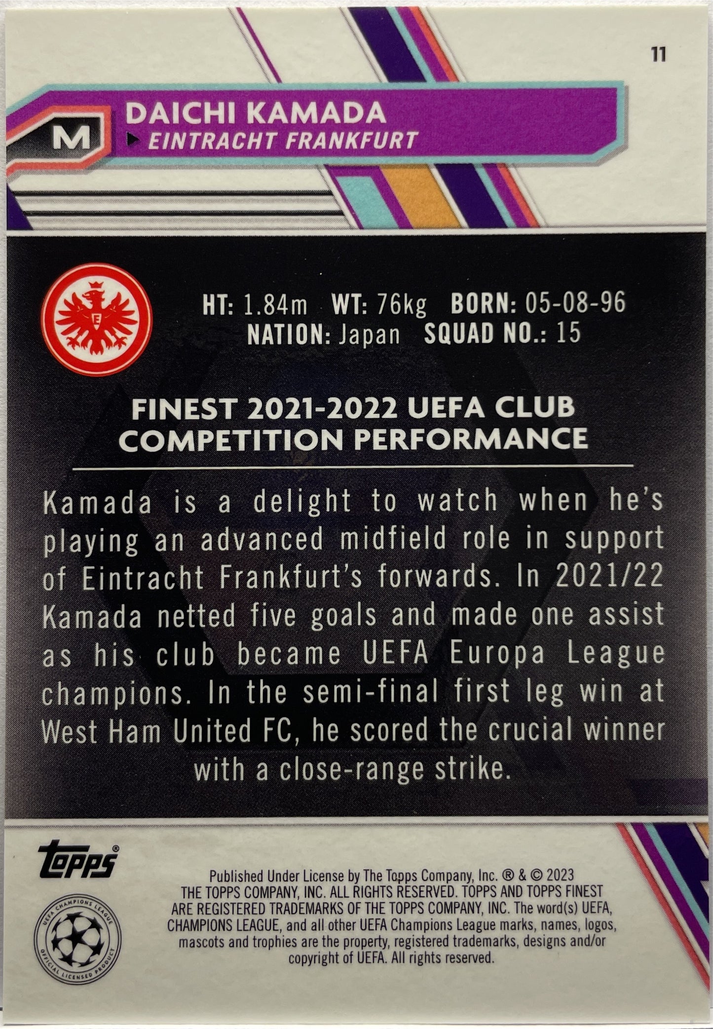 Daichi Kamada 96/250 Blue/Aqua Vaporwave Topps Finest UCC 2022/23