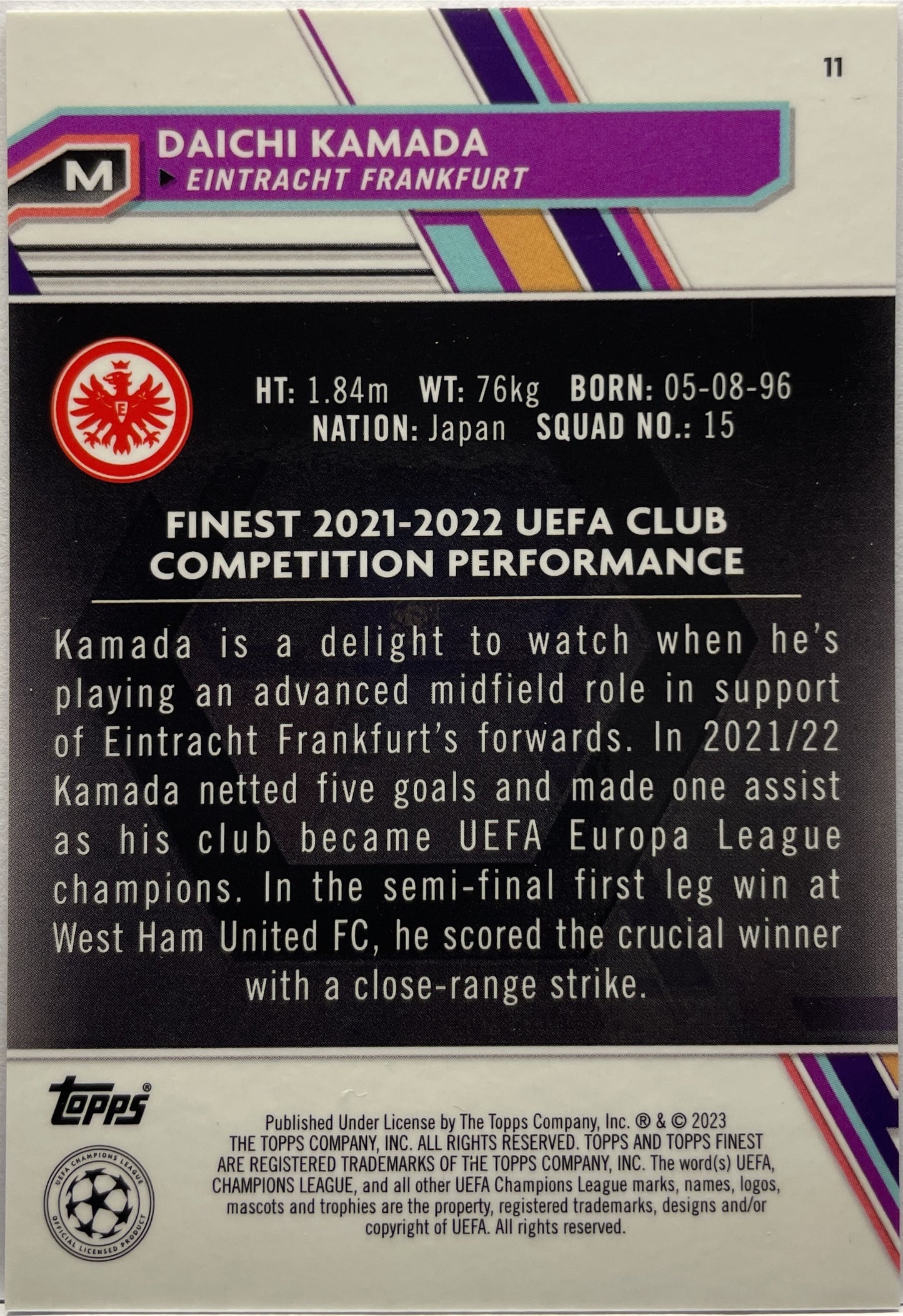 Daichi Kamada 218/275 Sky Blue Topps Finest UCC 2022/23