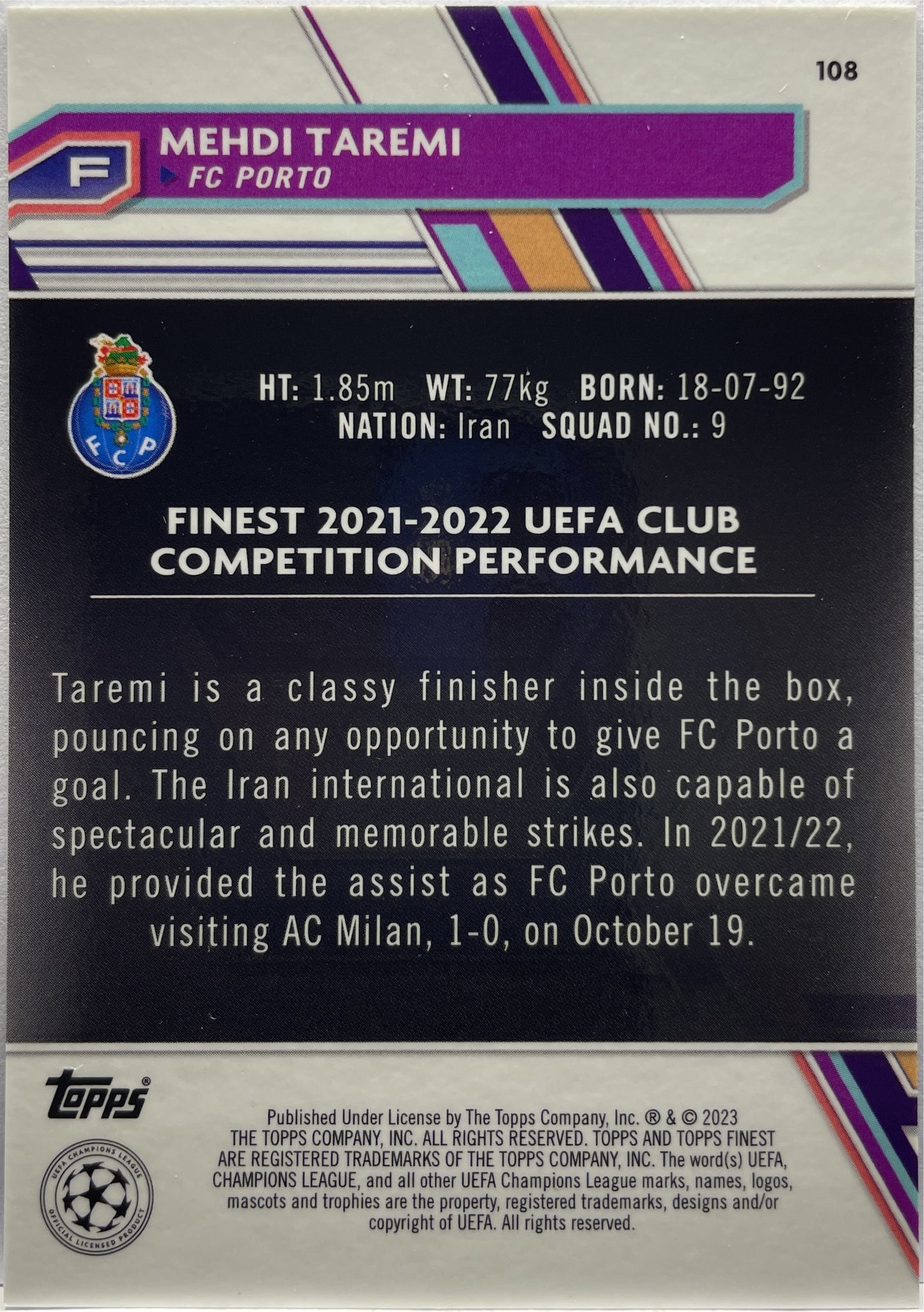 Mehdi Taremi 105/250 Blue/Aqua Vaporwave Topps Finest UCC 2022/23