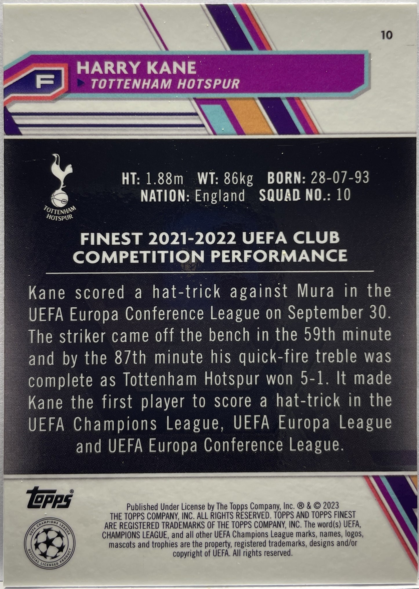 Harry Kane 260/299 Purple Topps Finest UCC 2022/23