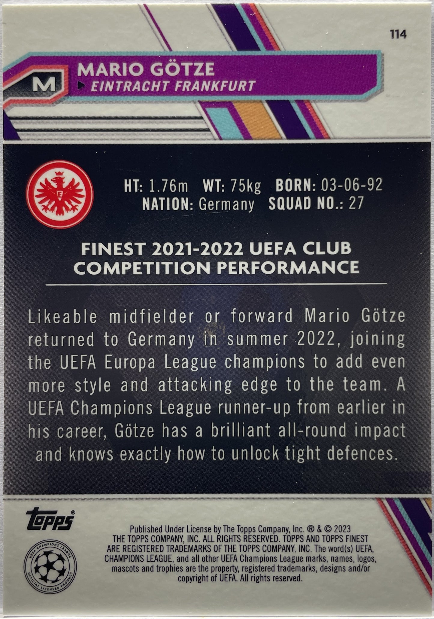 Mario Gotze 36/150 Blu Topps Finest UCC 2022/23