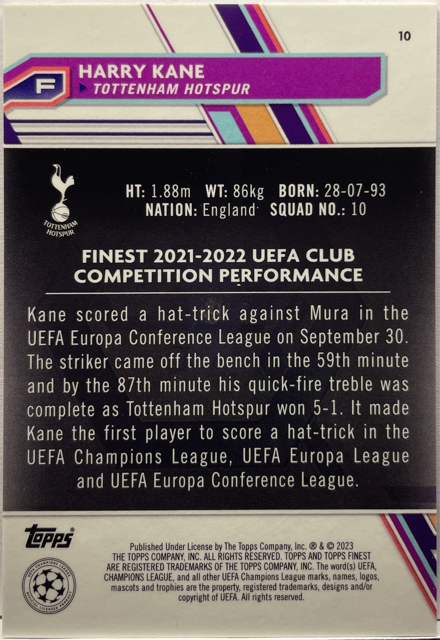 Harry Kane 5/25 Orange Topps FInest UCC 2022/23