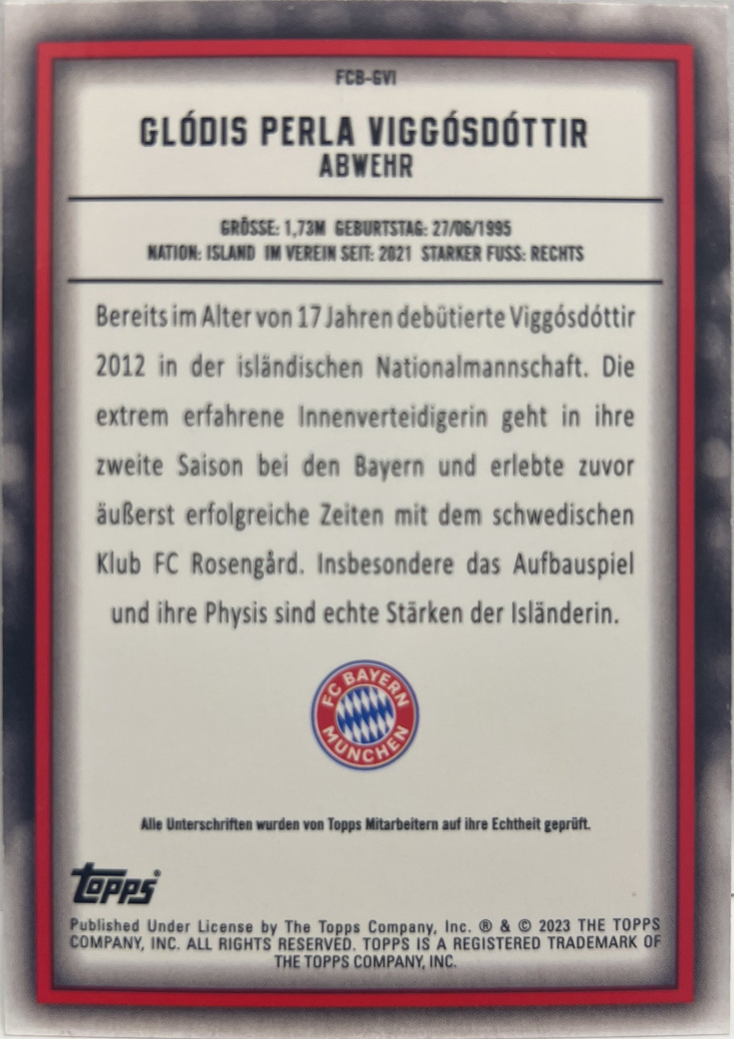 Glodis Perla Viggosdottir Autograph Topps Team Set Bayern Munchen 2022/23