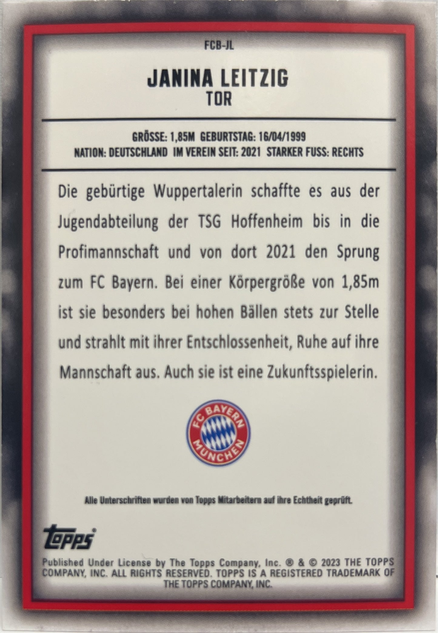 Janina Leitzig Autograph Topps Team Set Bayern Munchen 2022/23