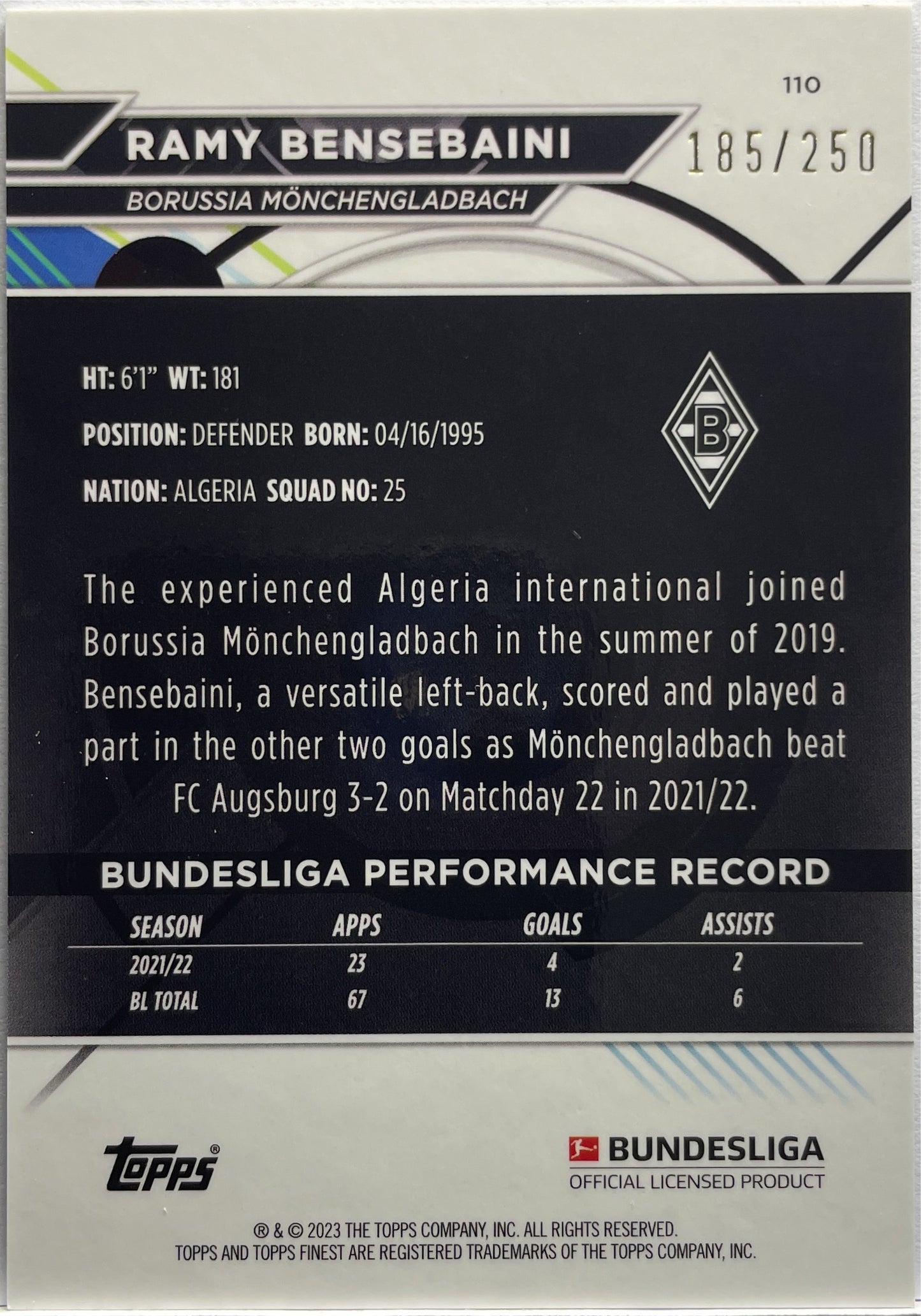 Ramy Bensebani 185/250 Purple Wave Topps Finest Bundesliga 2022/23