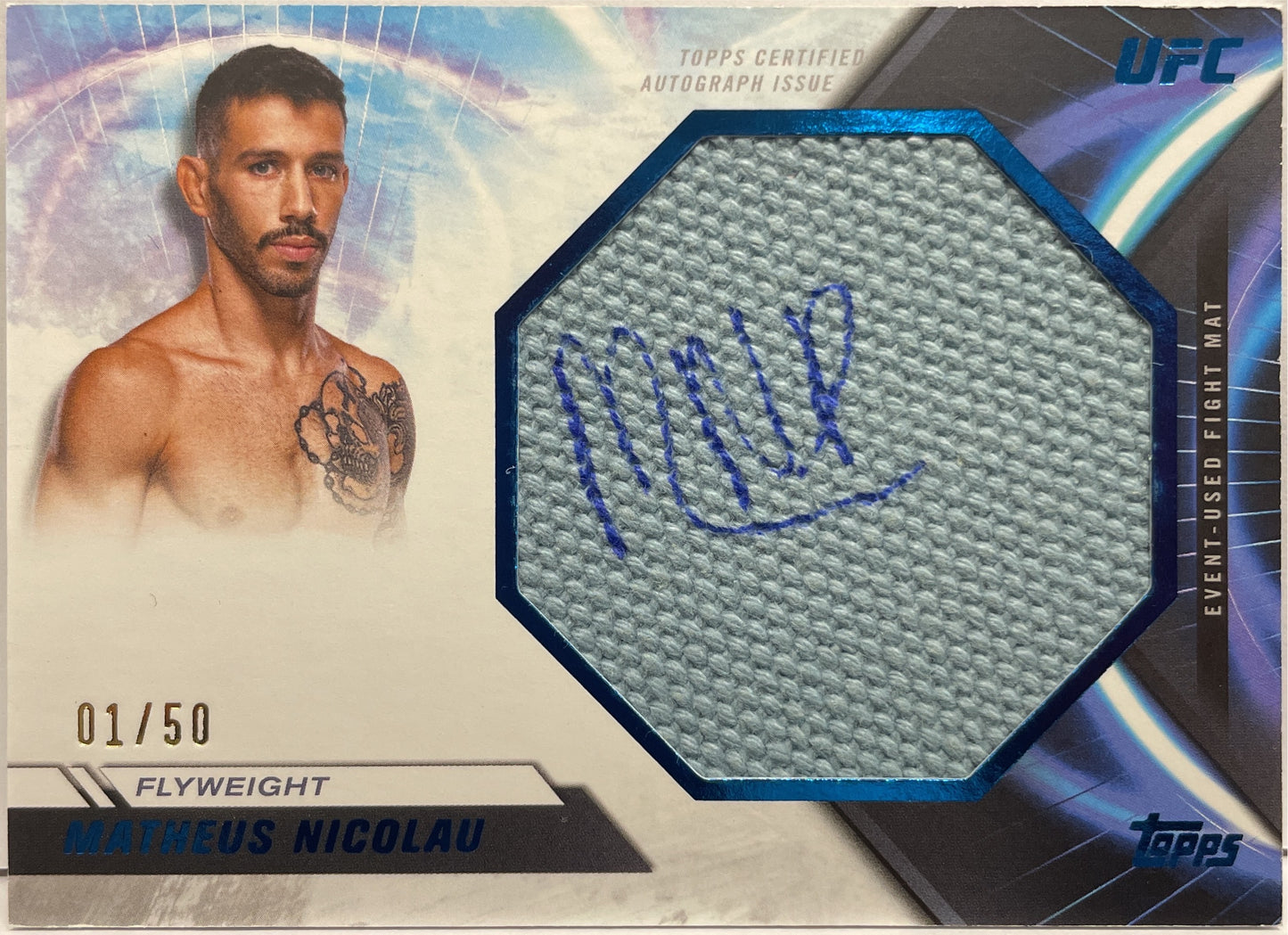 Matheus Nicolau 1/50 Autograph Jumbo Fight Mat Relics Blue Topps Knockout UFC 2024