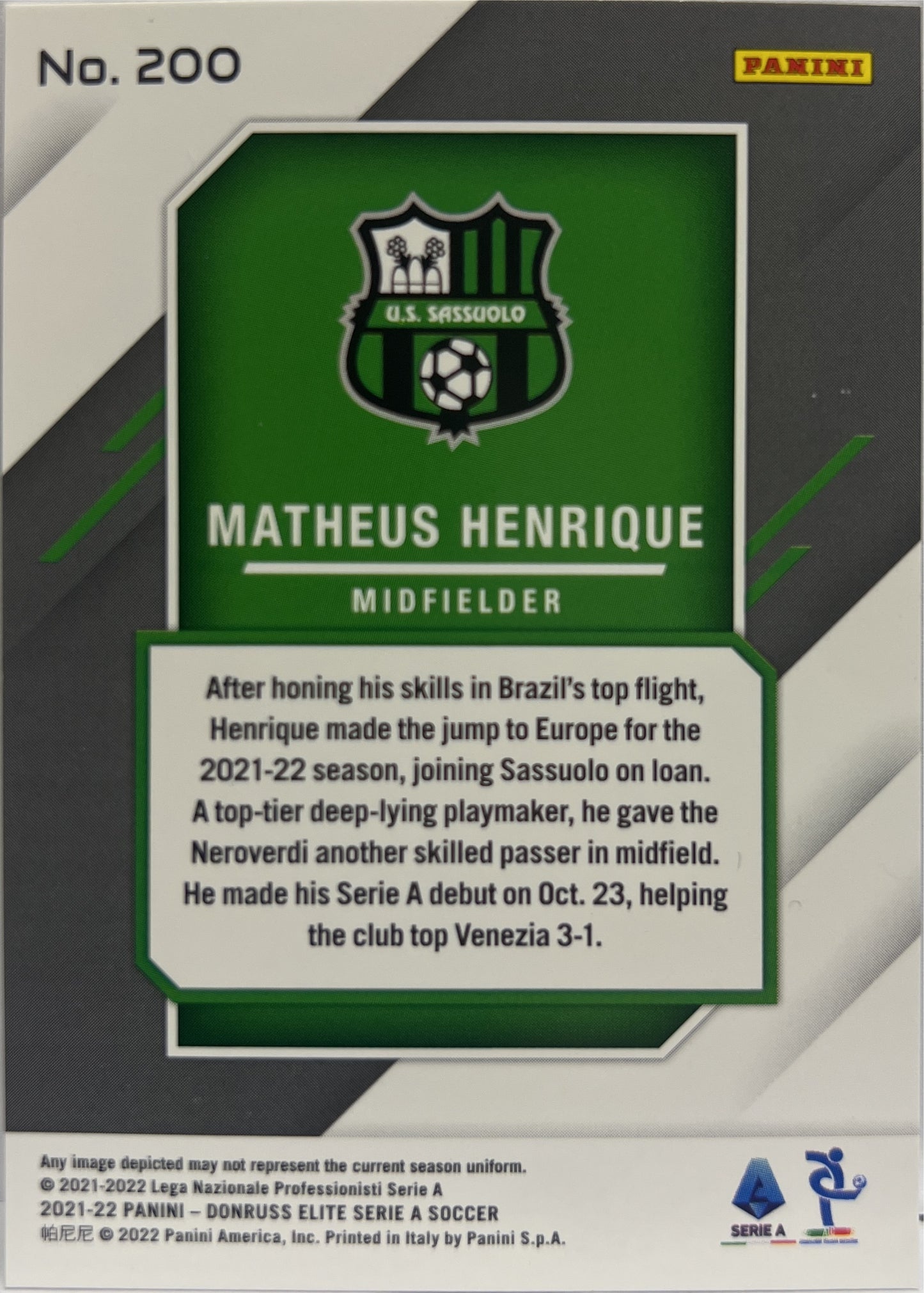 Matheus Henrique 4/10 Rookie Gold Donruss Elite Serie A 2021/22