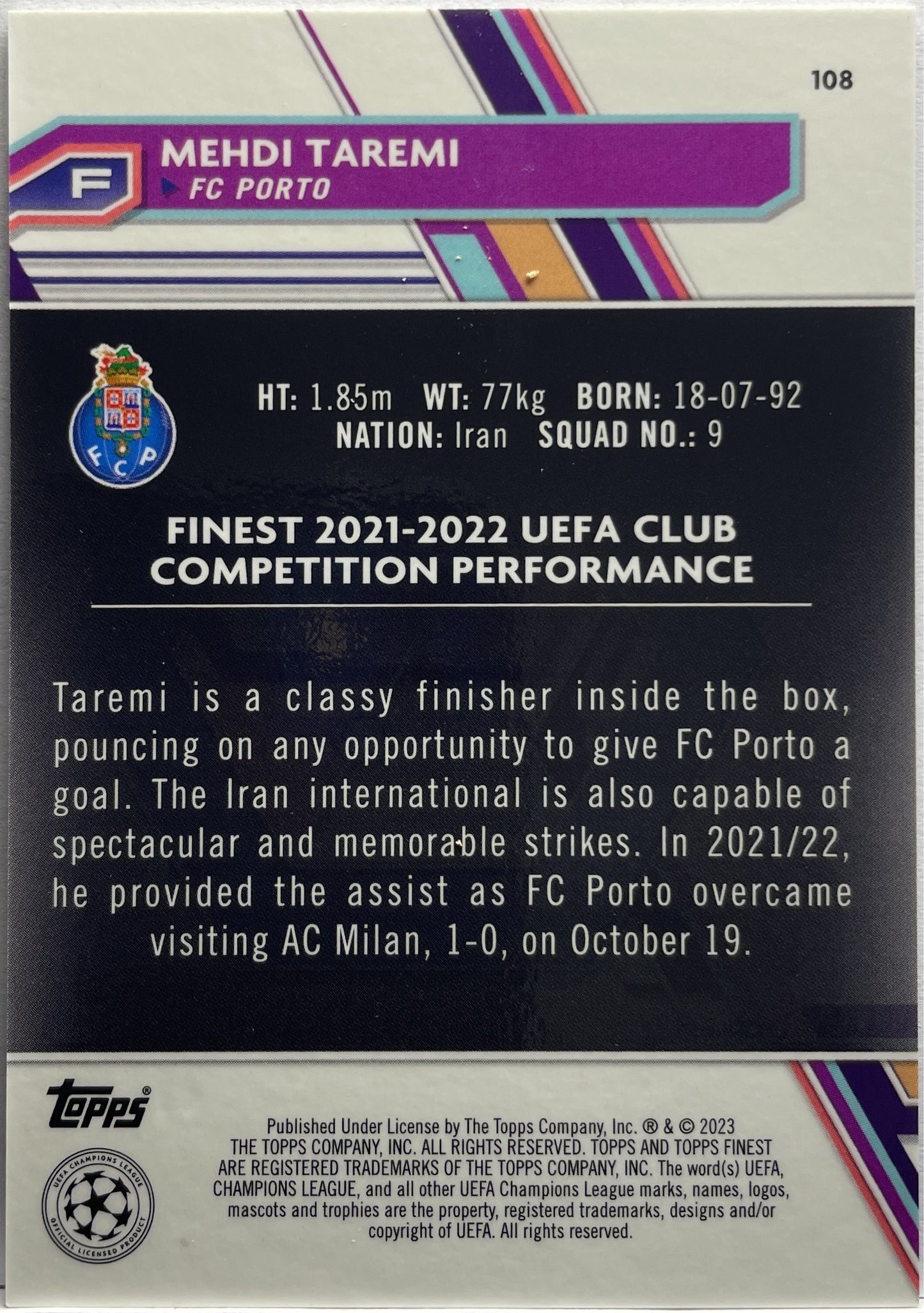 Mehdi Taremi 42/50 Rose Gold Mini Diamond Topps Finest UCC 2022/23