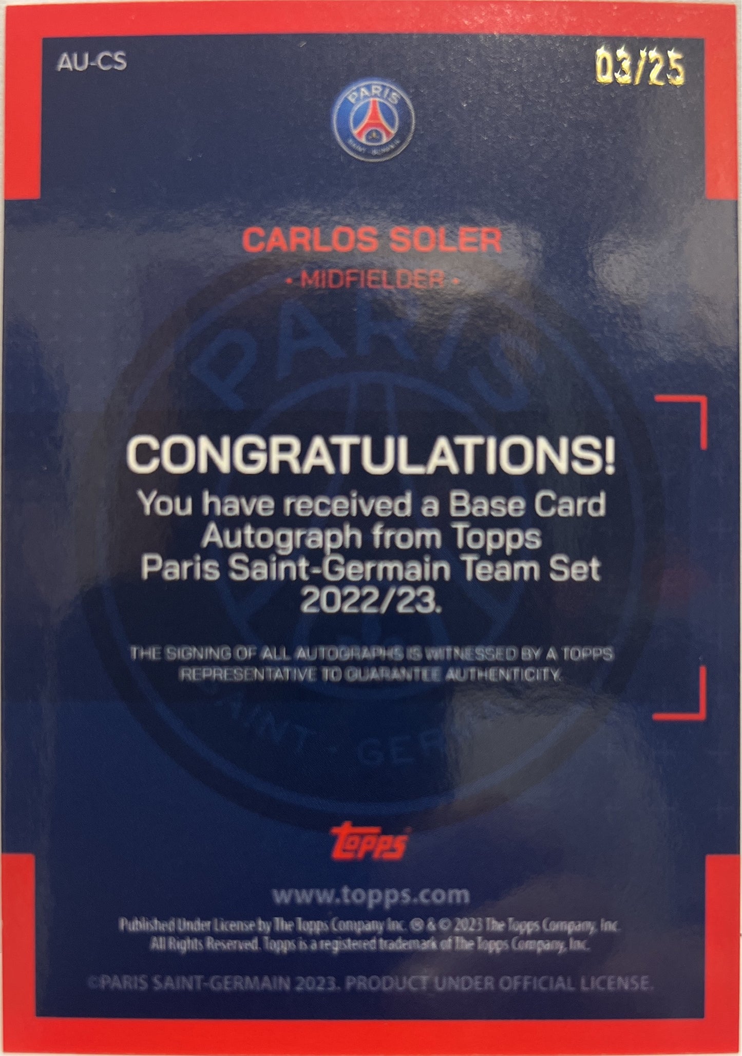 Carlos Soler 3/25 Autograph Orange Topps Team Set Real Sociedad 2022/23