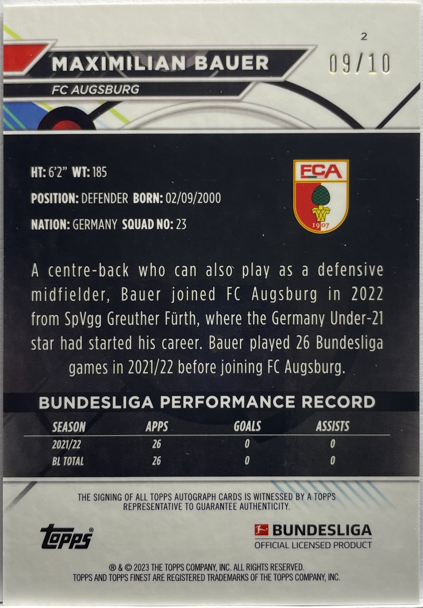 Maximilian Bauer 9/10 Autograph Orange Wave Topps Finest Bundesliga 2022/23