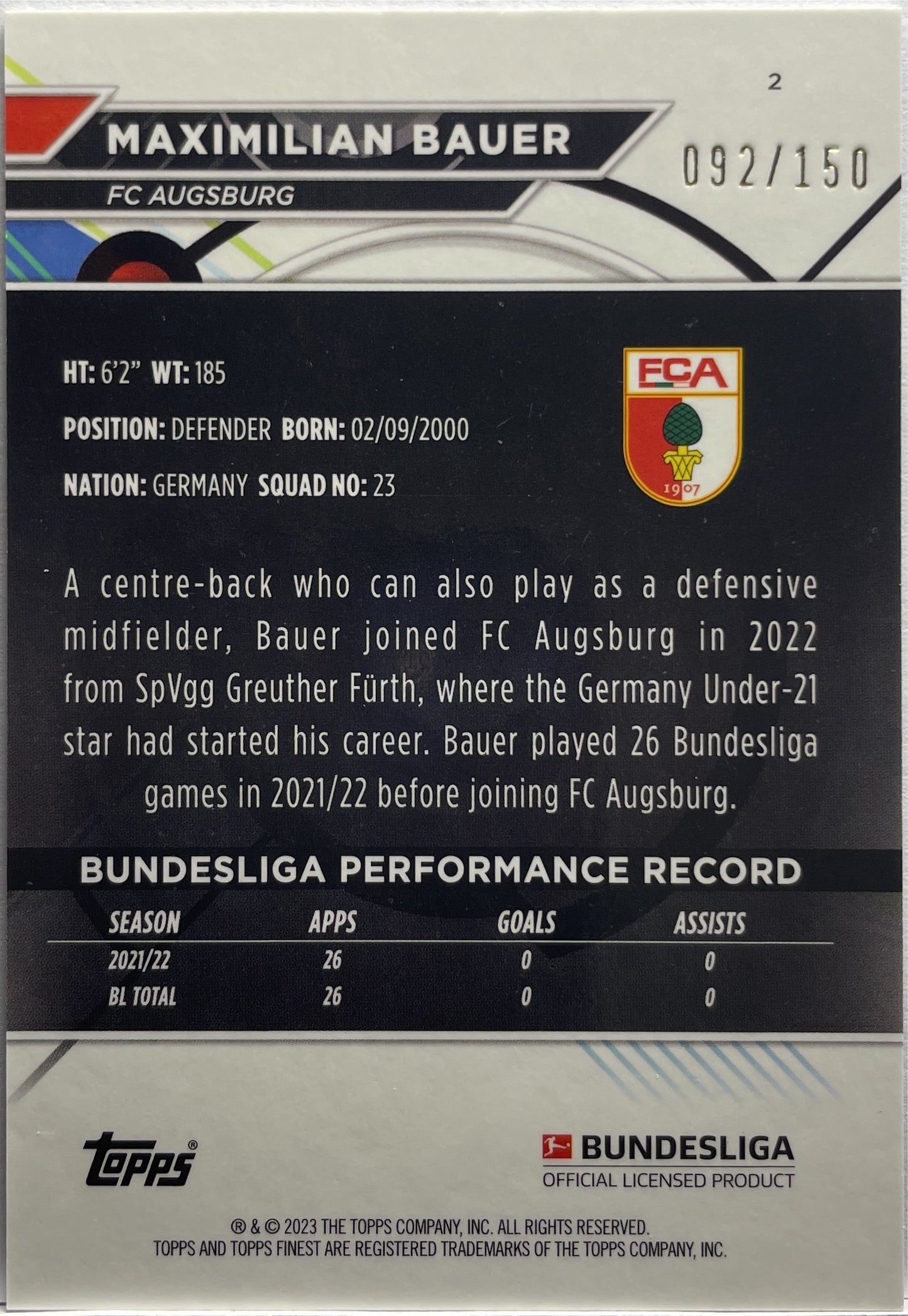 Maximilian Bauer 92/150 Blue Wave Topps Finest Bundesliga 2022/23