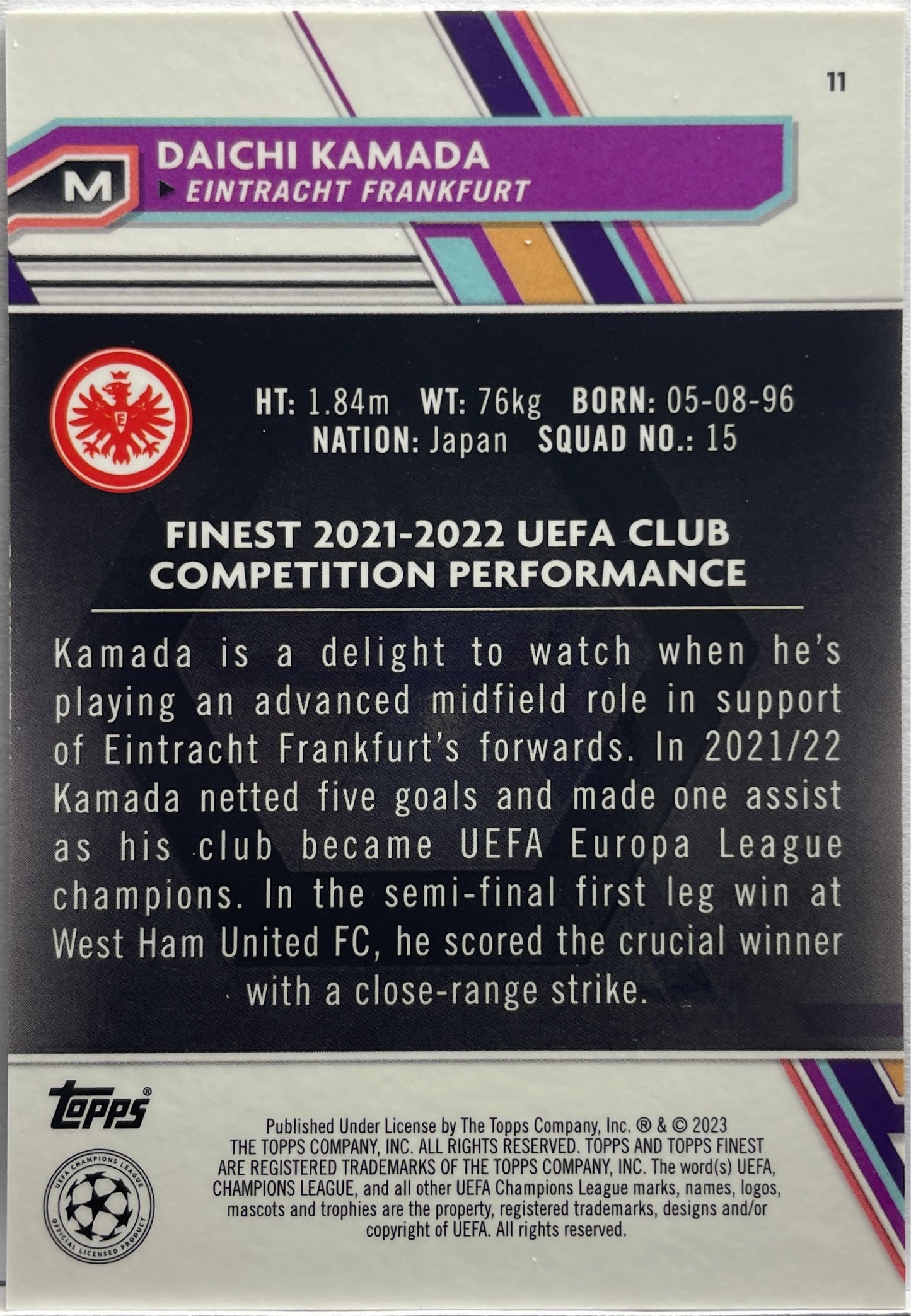 Daichi Kamada 101/199 Purple Shimmer Topps Finest UCC 2022/23