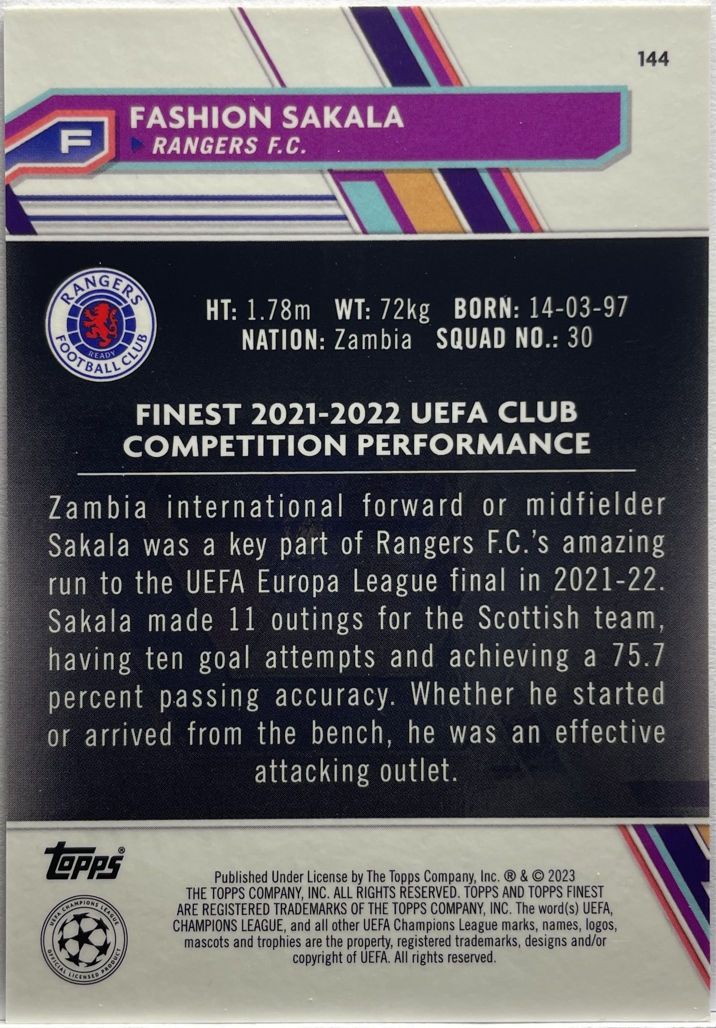 Fashion Sakala 182/199 Purple Shimmer Topps Finest UCC 2022/23