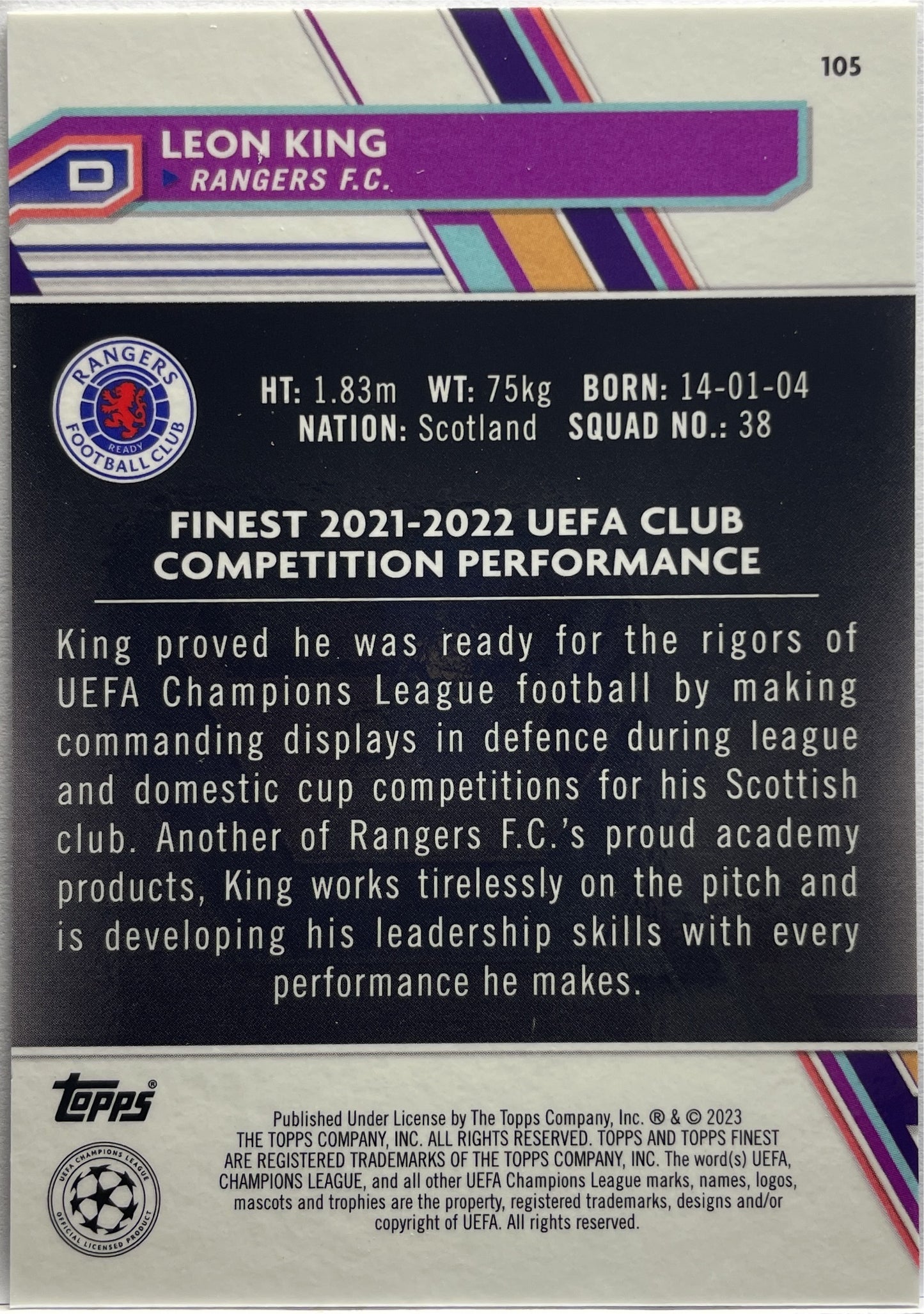 Leon King 104/275 Sky Blue Topps Finest UCC 2022/23