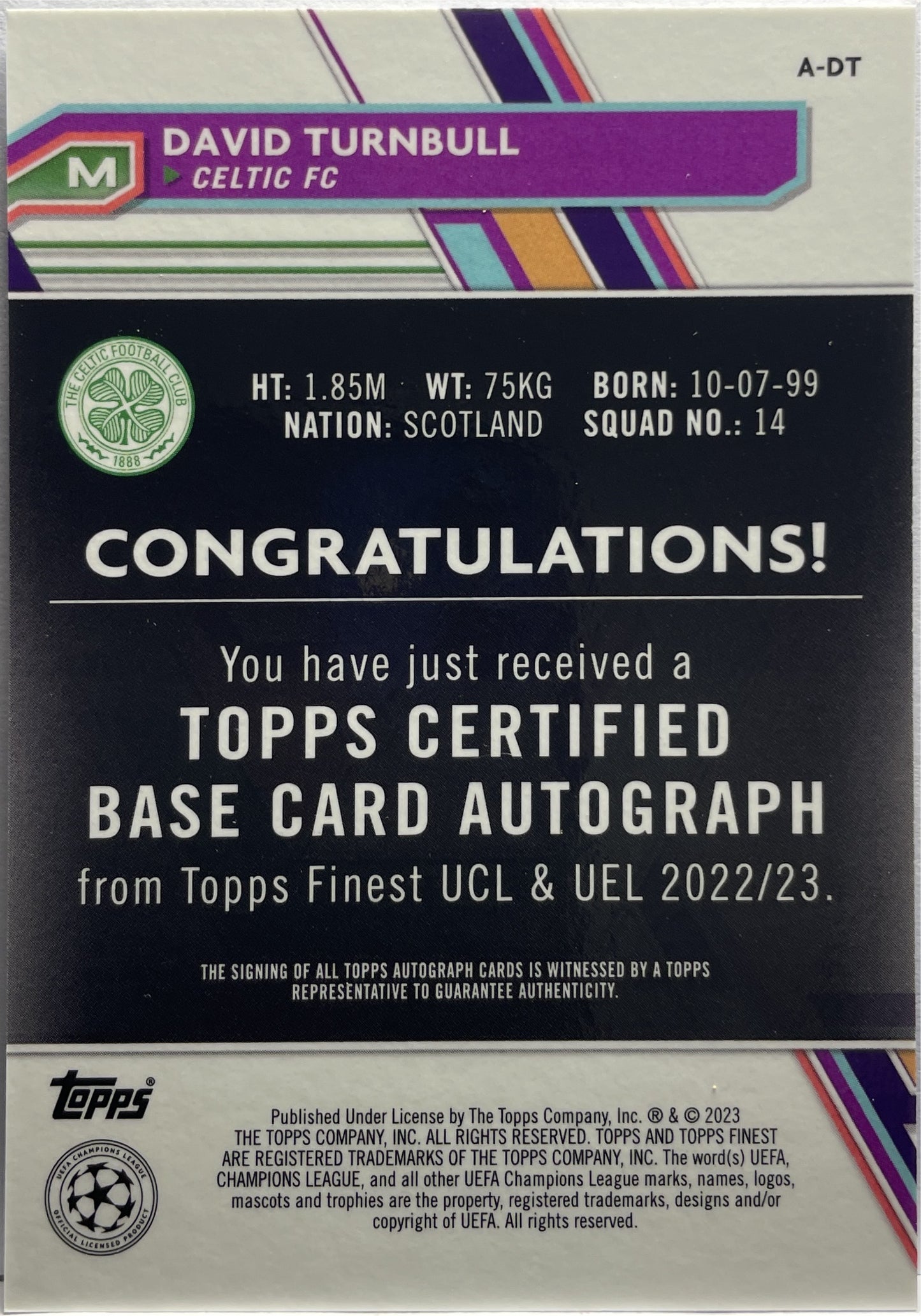 David Turnbull 109/150 Autograph Blue Topps Finest UCC 2022/23