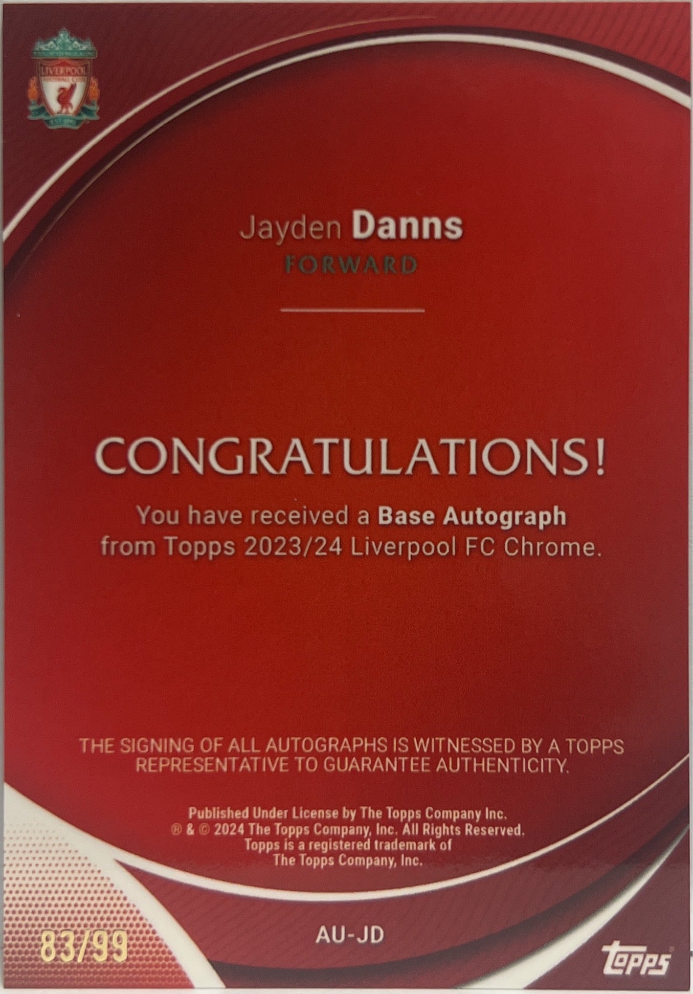 Jayden Danns 83/99 Autograph Bowman Aqua Topps Chrome Liverpool 2023/24