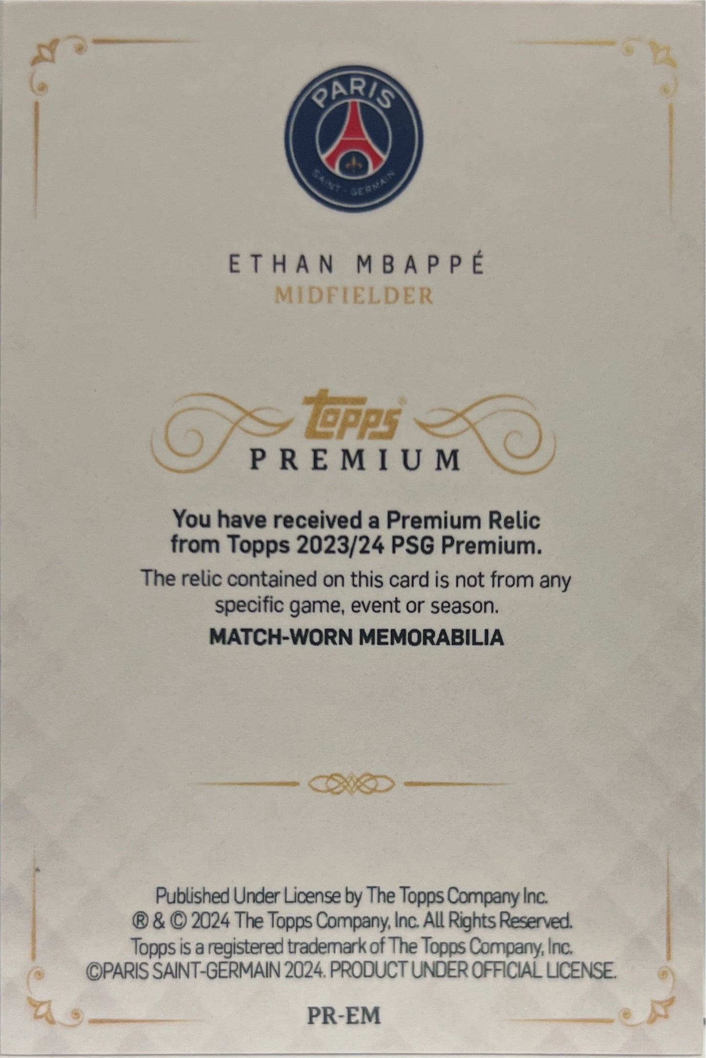 Ethan Mbappe 31/35 Rookie Patch Worn Topps PSG Black & White Premium 2024