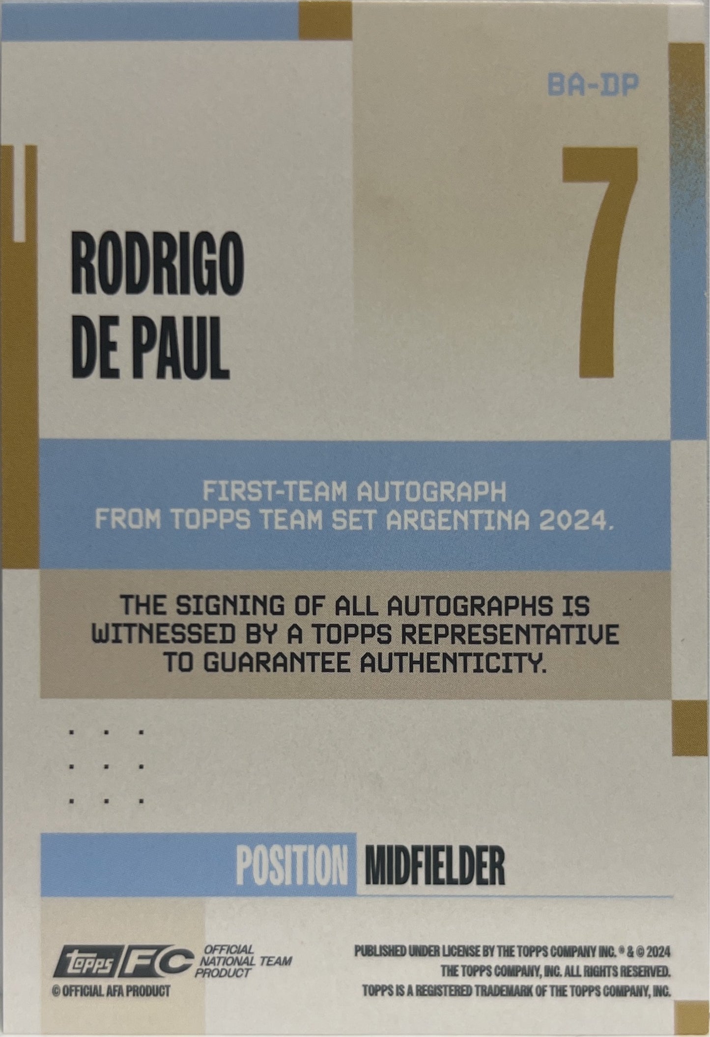 Rodrigo De Paul 192/250 Autograph Topps Argentina Team Set 2024/25