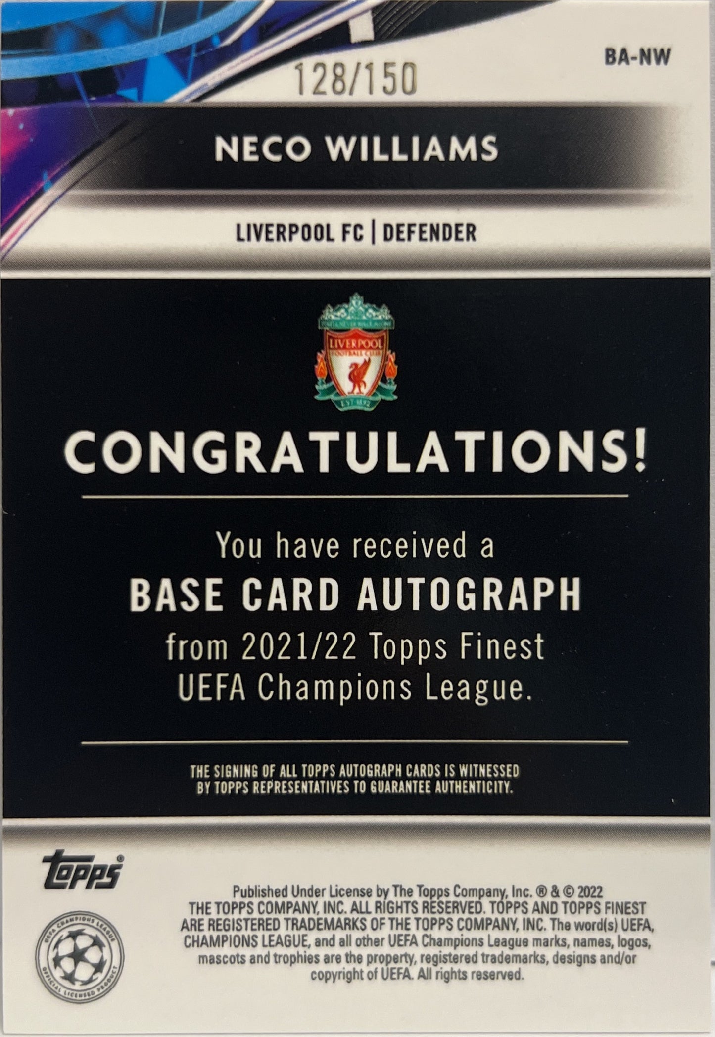 Neco Williams 128/150 Autograph Blue Topps Finest UCL 2021/22