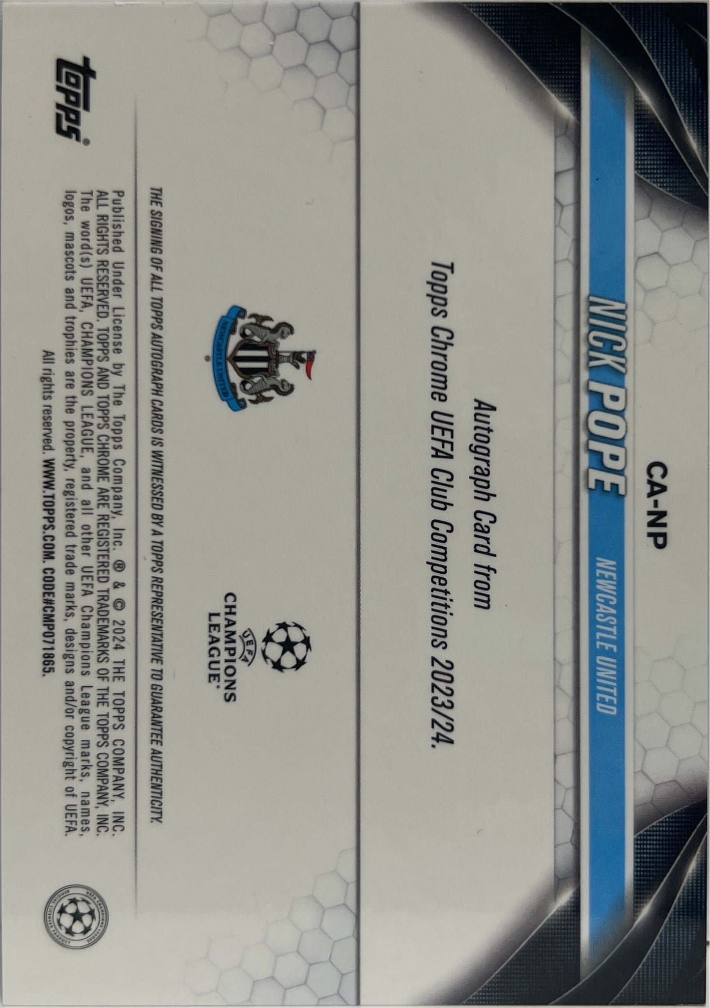 Nick Pope 174/199 Autograph Aqua Topps Chrome UCC 2023/24