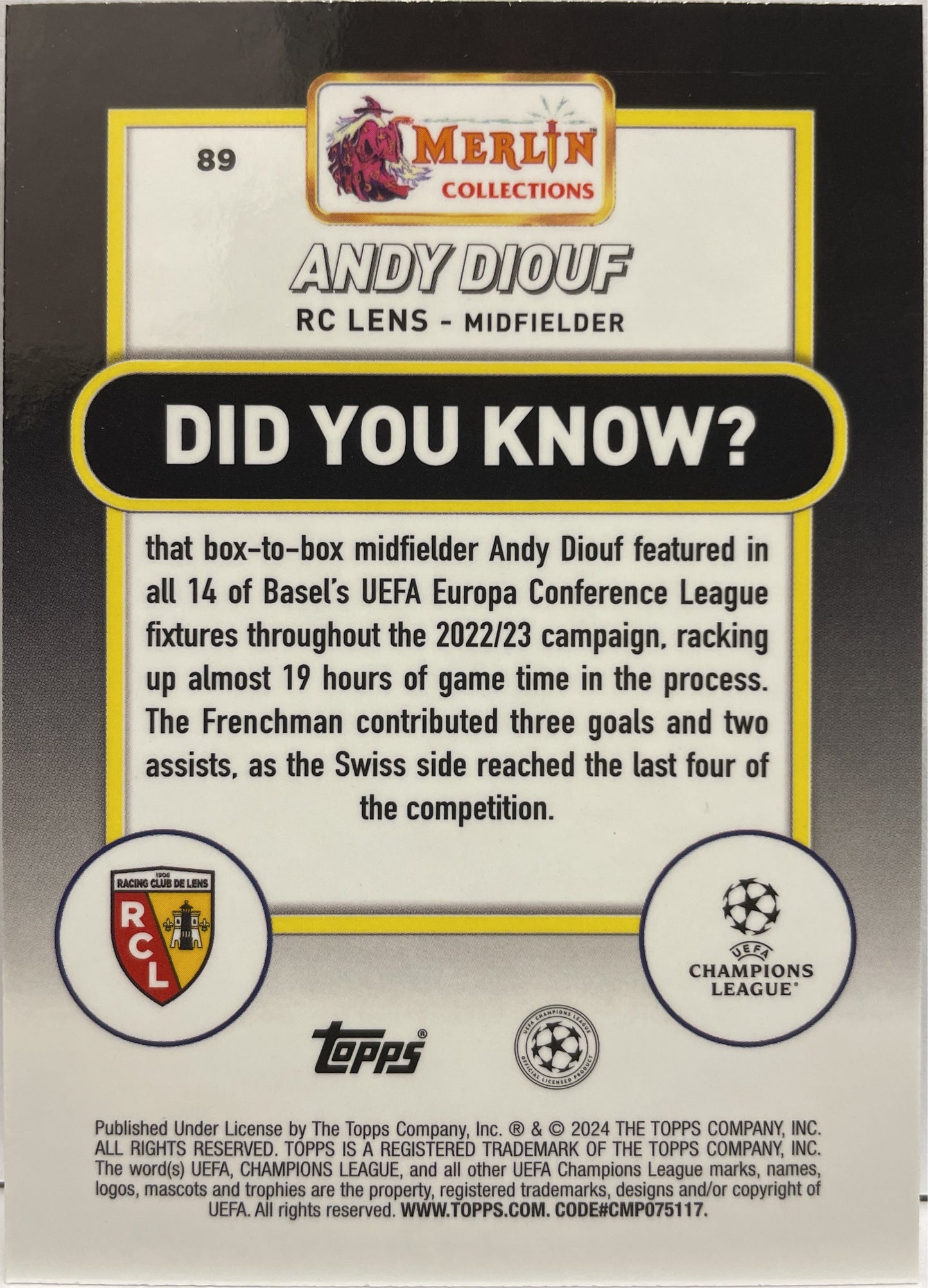 Andy Diouf 59/399 Rookie Green Shimmer Topps Chrome Merlin UCC 2023/24