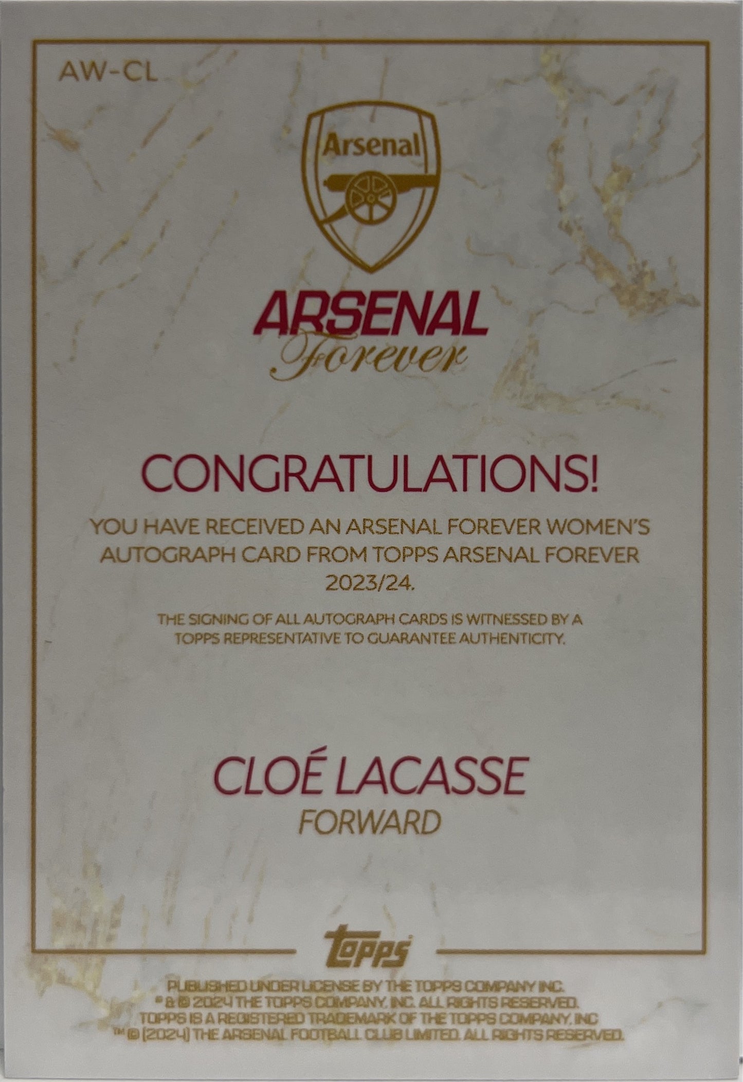 Cloe Lacasse Autograph Topps Arsenal Forever 2023/24