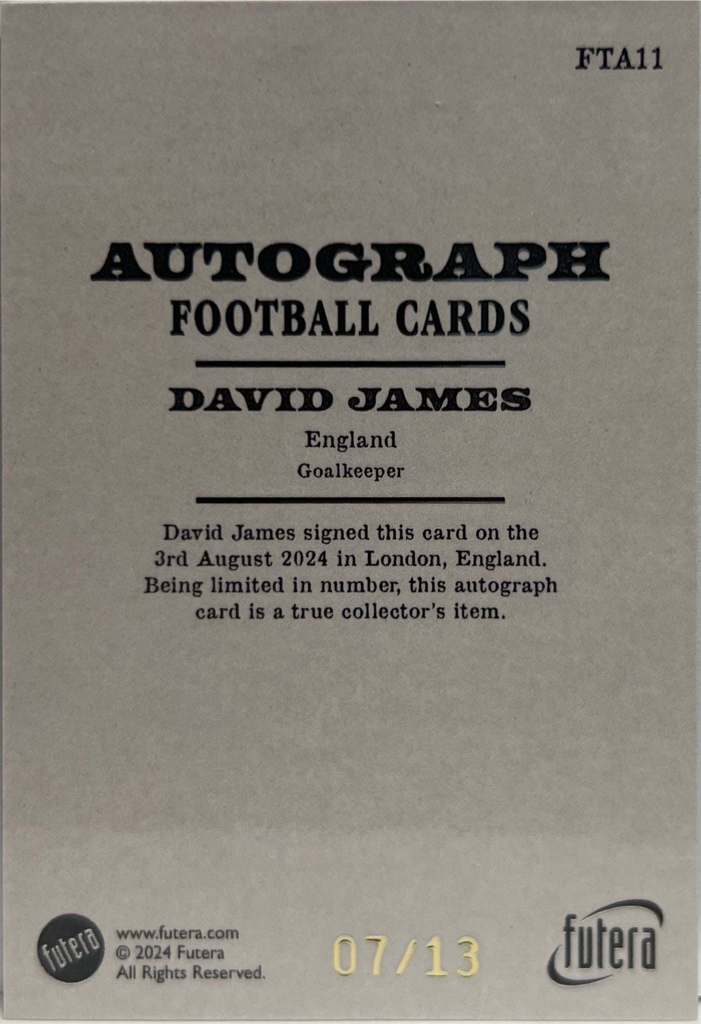 David James 7/13 Autograph On Card Futera Vintage Multi Sport 2024