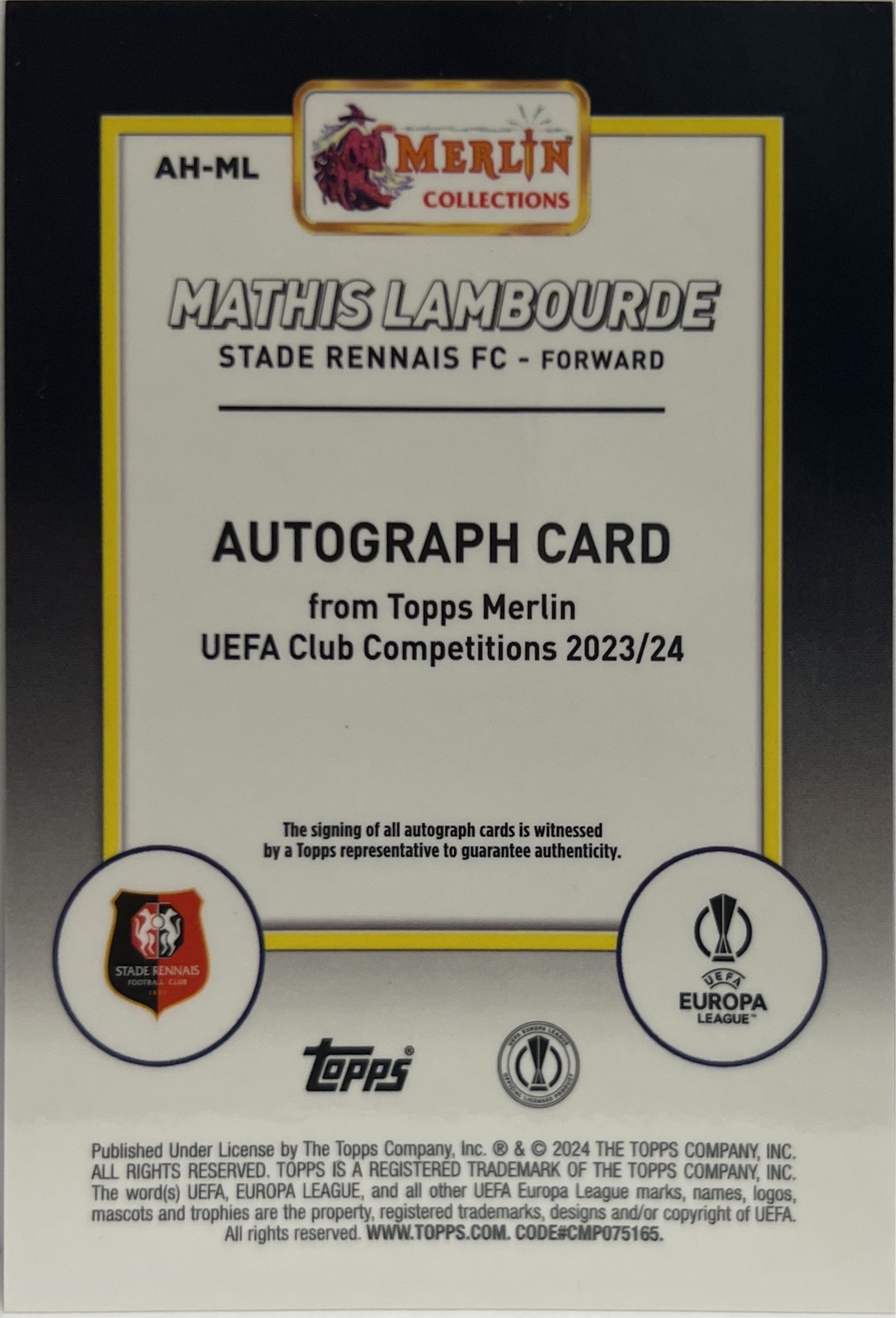 Mathias Lambourde Rookie Autograph Topps Chrome Merlin 2023/24