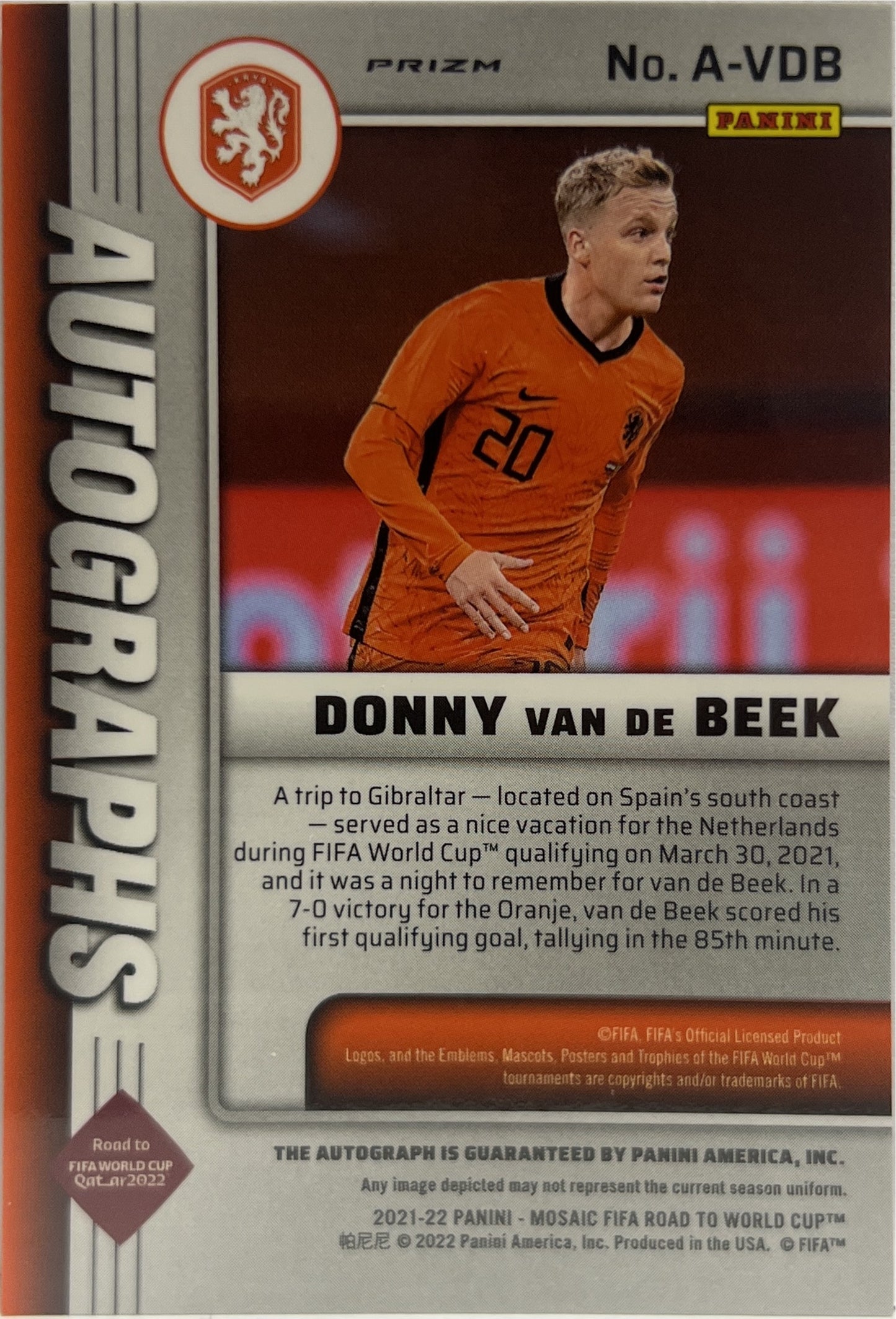 Donny Van De Beek Autograph Mosaic Road To Qatar 2021/22