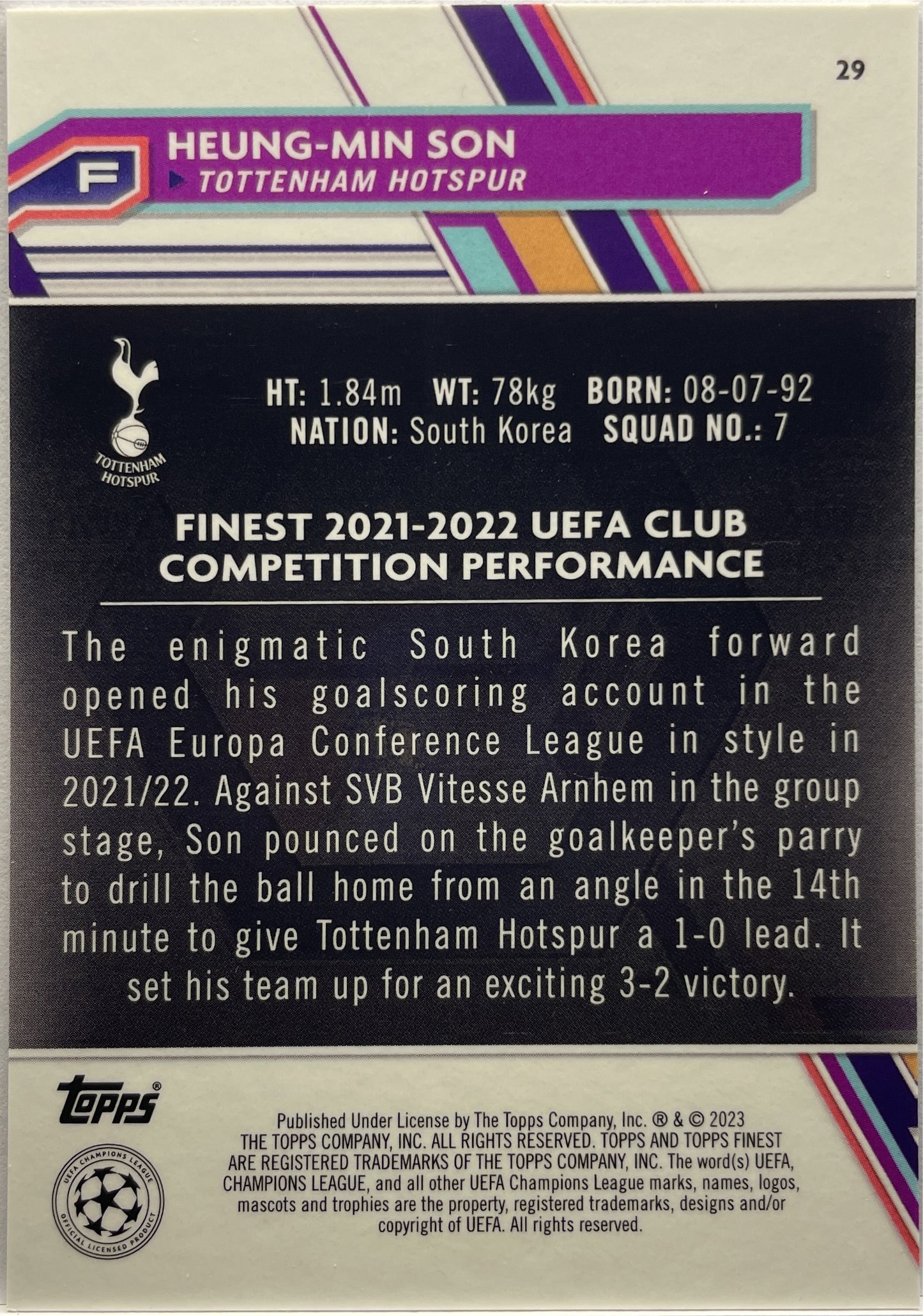 Heung-Min Son 93/99 Green Topps Finest UCC 2022/23