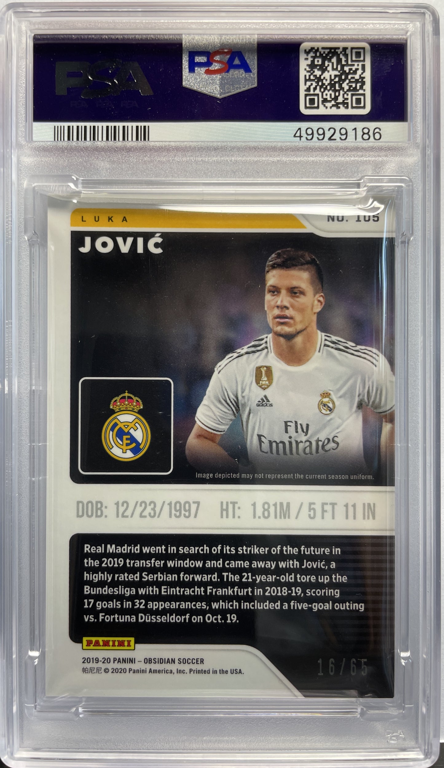 PSA 9 - Luka Jovic 16/65 Rookie Purple - Obsidian 2019/20