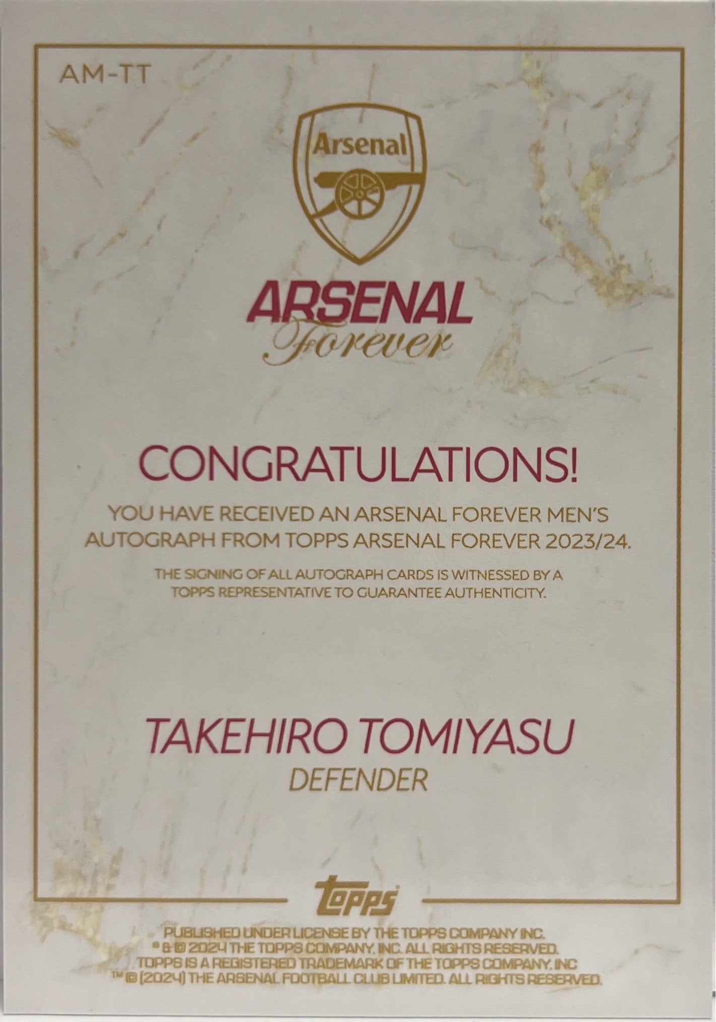 Takehiro Tomiyasu 22/25 Autograph Orange Topps Arsenal Forever 2023/24