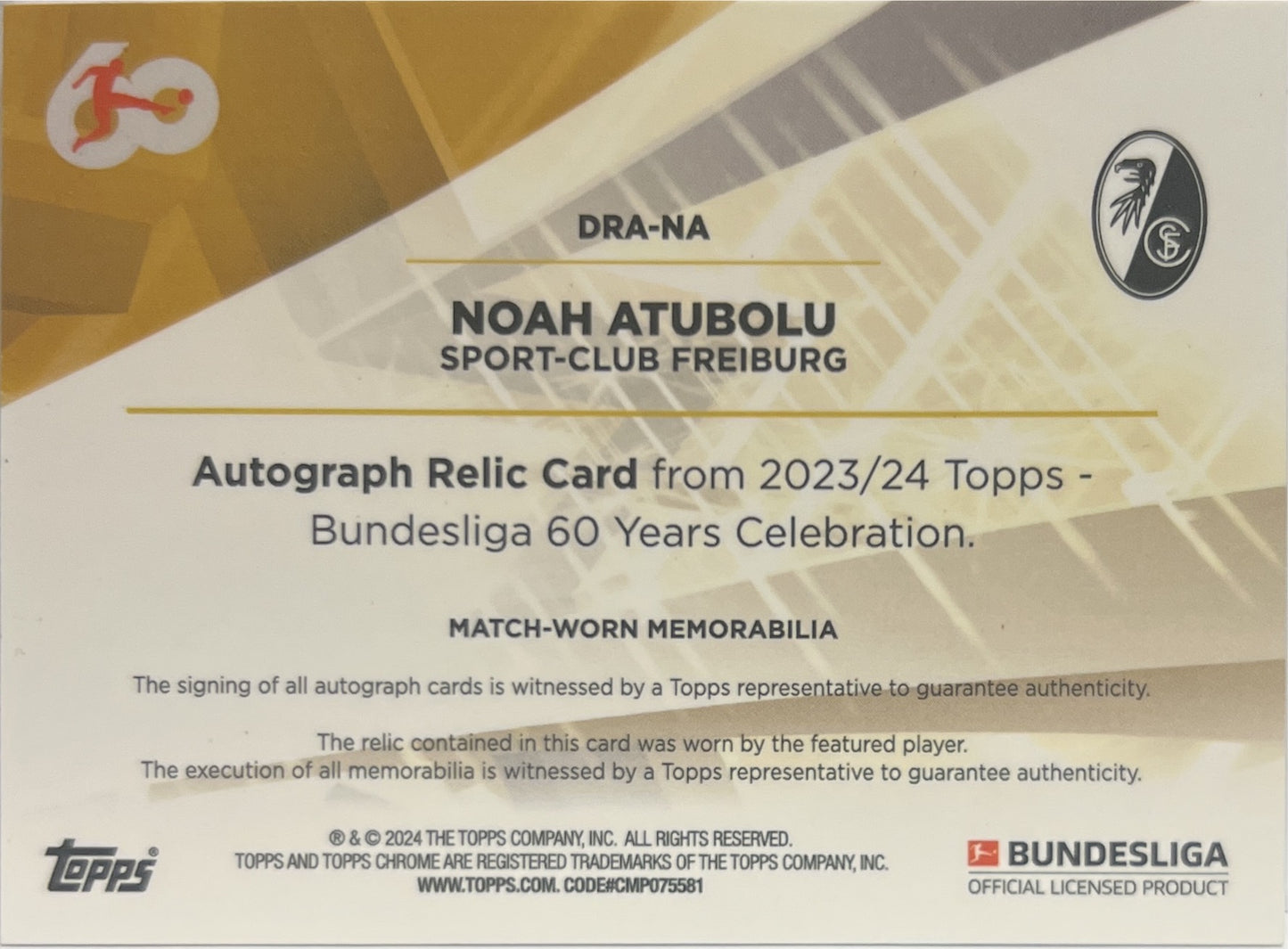 Noah Atubolu 36/100 Rookie Patch Autograph Topps 60 Years Celebration Bundesliga 2023/24