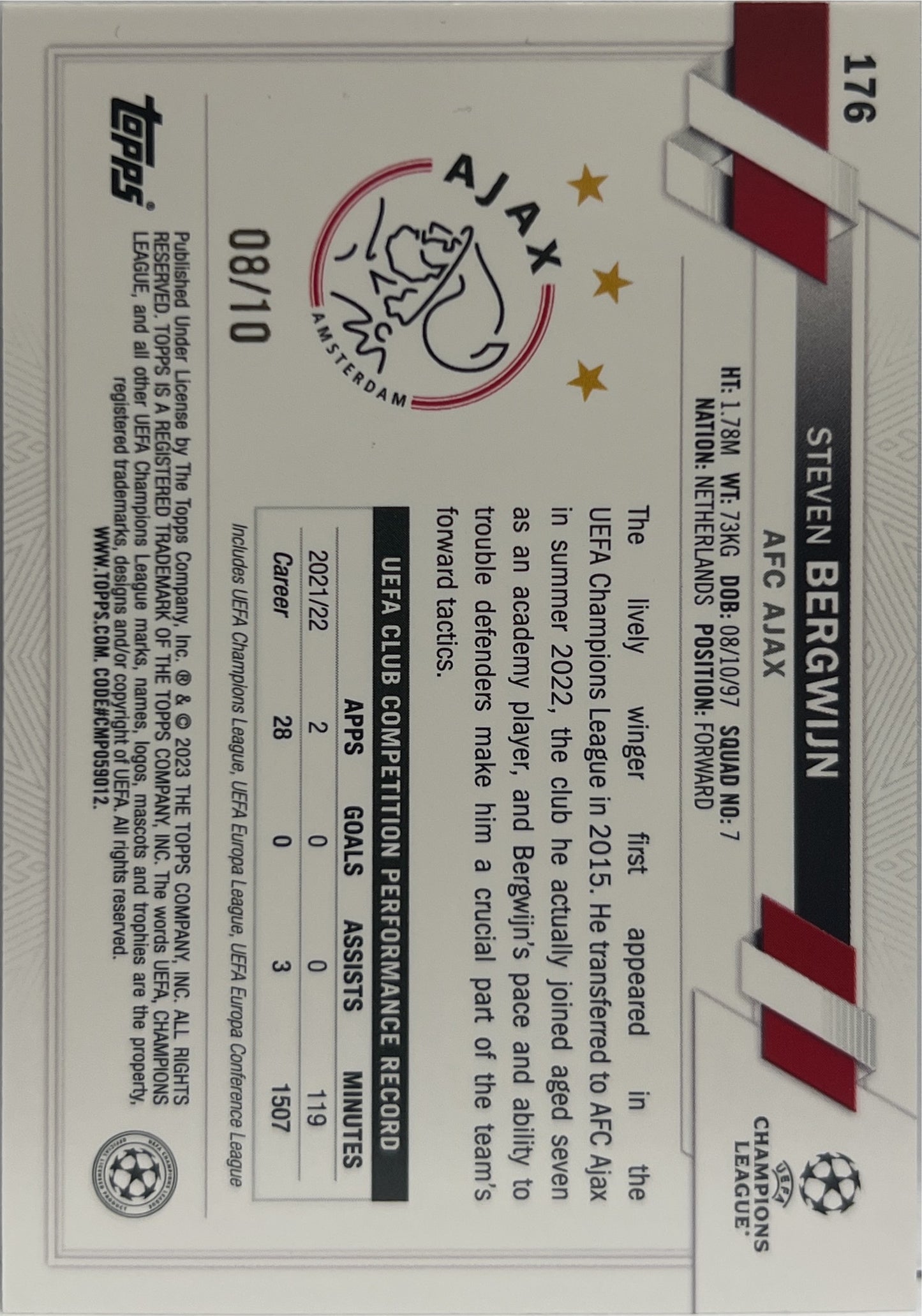 Steven Bergwijn 8/10 Black Topps UCC 1ST Edition 2022/23