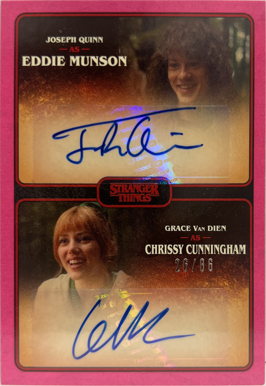 Eddie Munson & Chrissy Cunningham 26/86 Double Autograph Pink Topps Stranger Things Season 4 2023