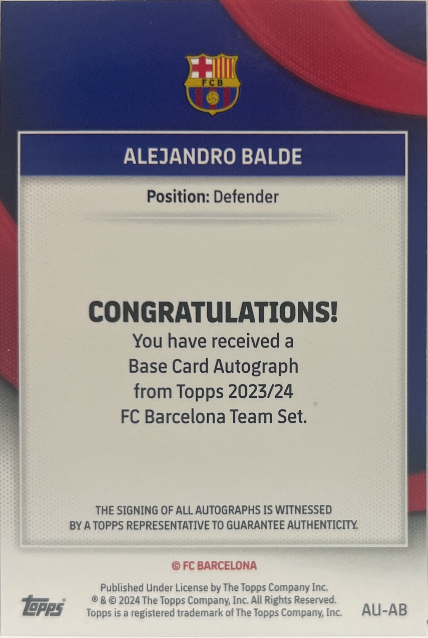 Alejandro Balde 22/99 Autograph Topps Team Set Barcelona 2023/24