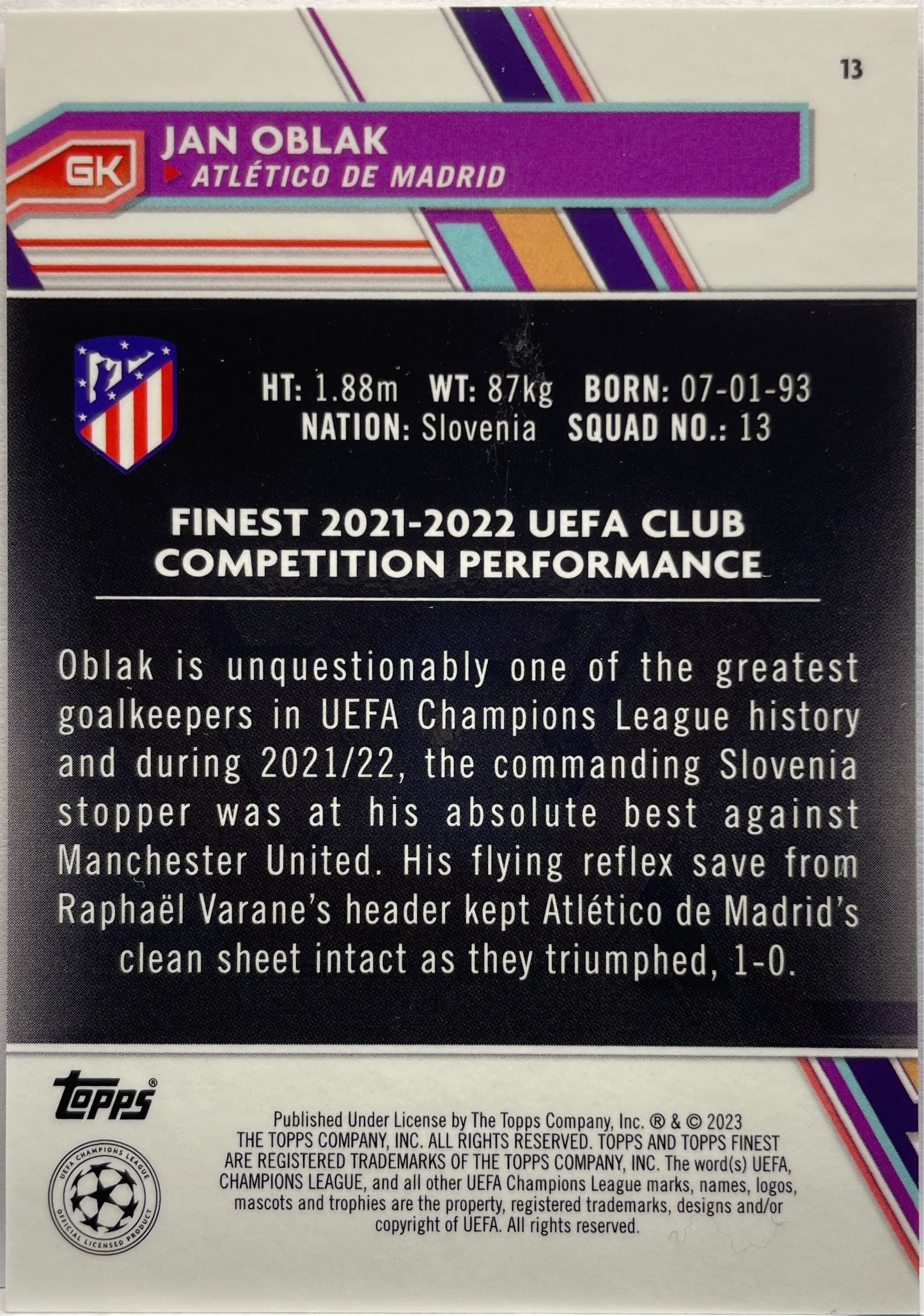 Jan Oblak 61/75 Rose Gold Topps Finest UCC 2022/23