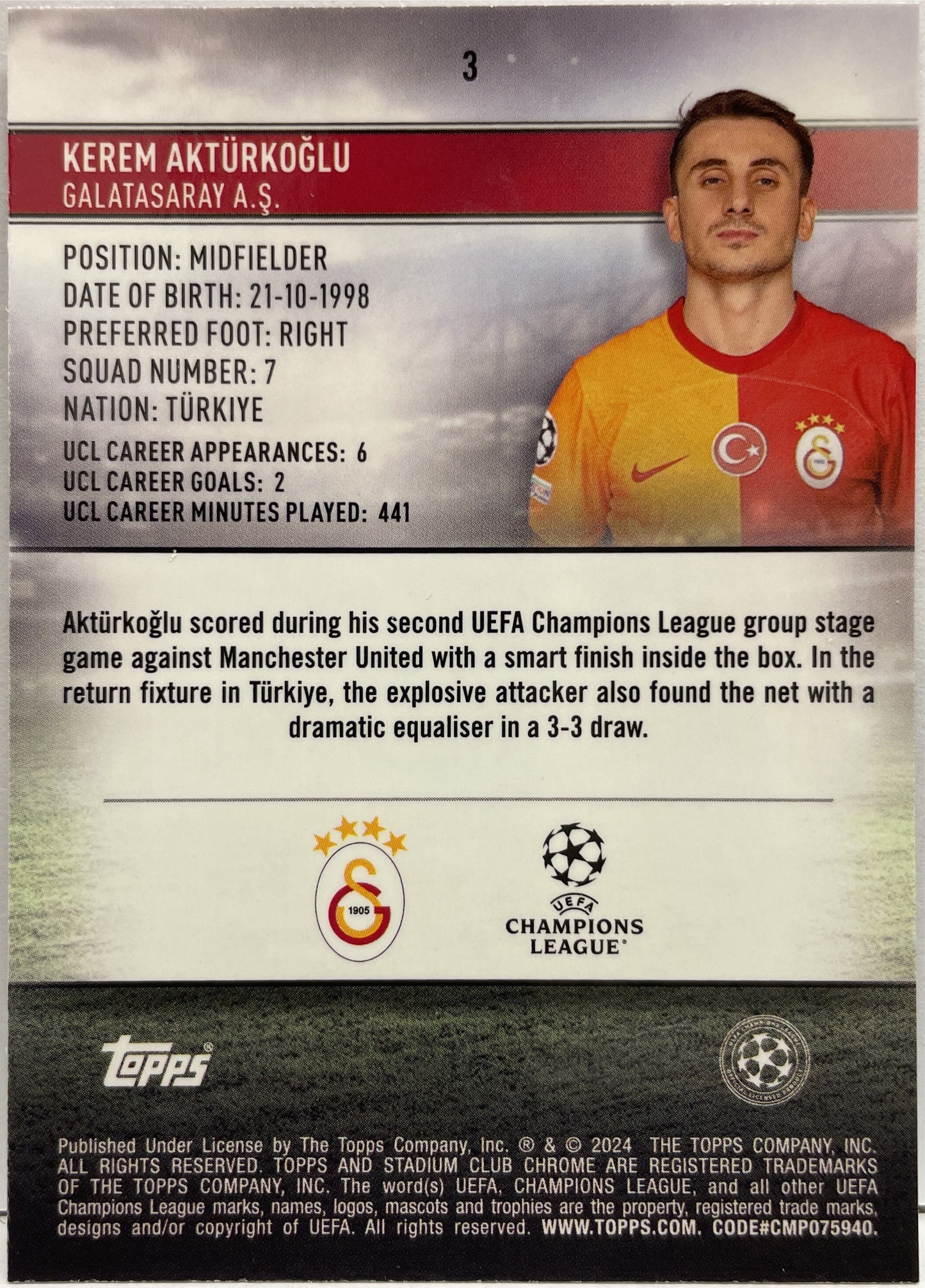 Kerem Akturkoglu 47/175 Royal Blue Topps Chrome Stadium Club 2023/24