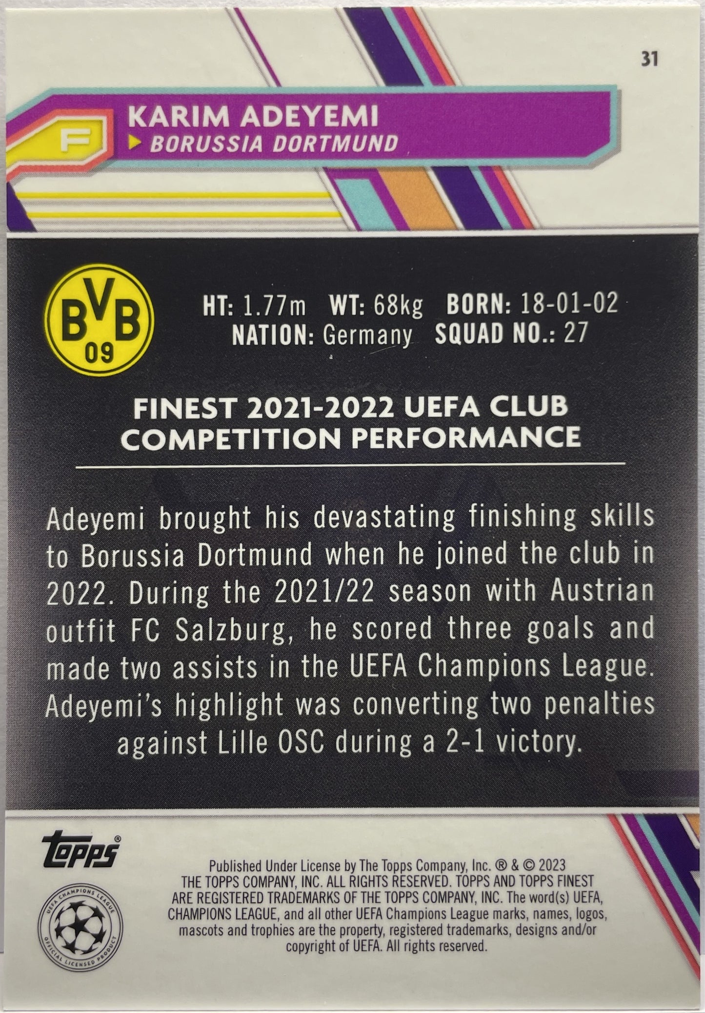 Karim Adeyemi 136/199 Purple Shimmer Topps Finest UCC 2022/23