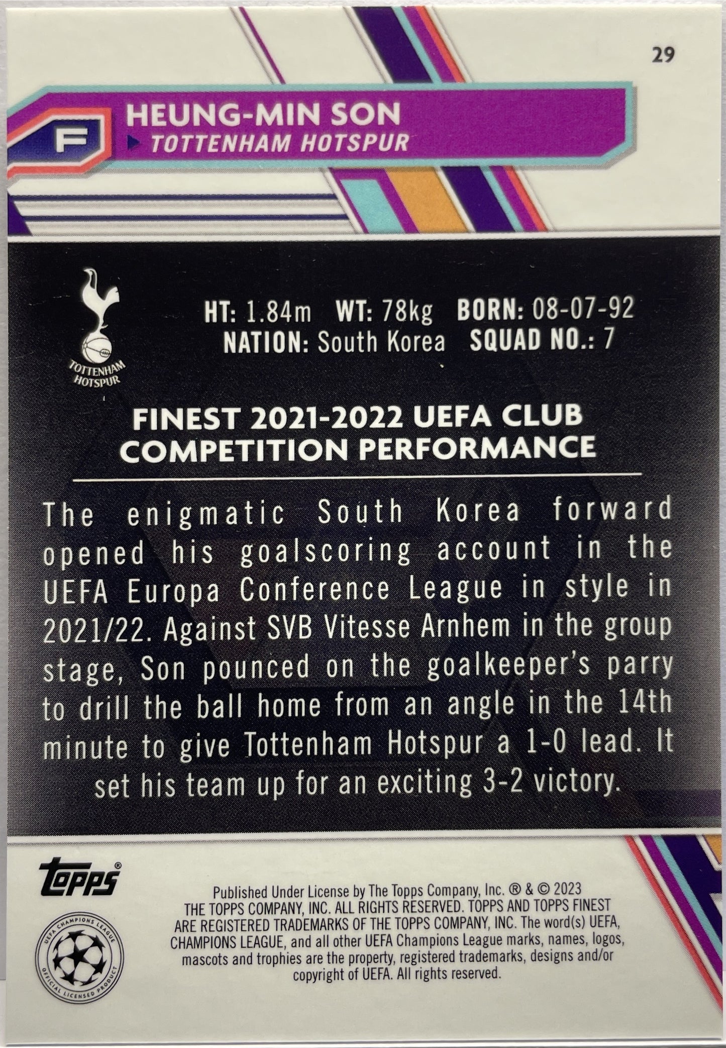 Heung-Min Son 96/150 Blue Topps Finest UCC 2022/23