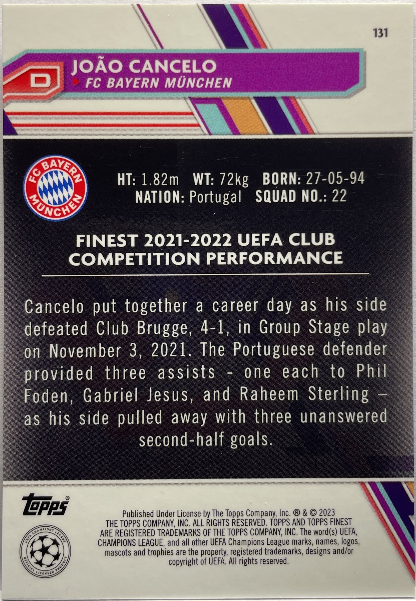 Joao Cancelo 46/150 Blue Topps Finest UCC 2022/23