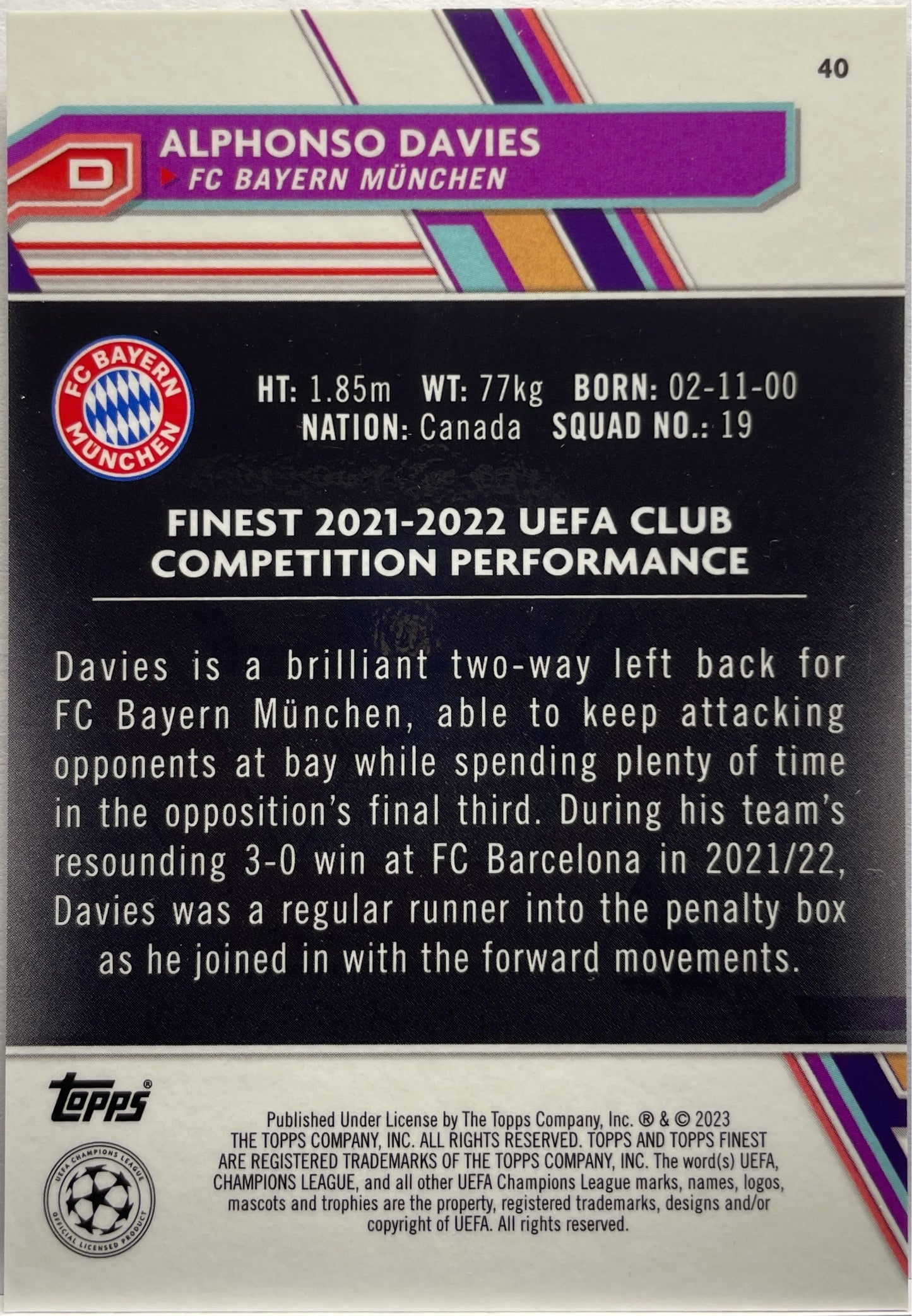 Alphonso Davies 82/199 Purple Shimmer Topps Finest UCC 2022/23